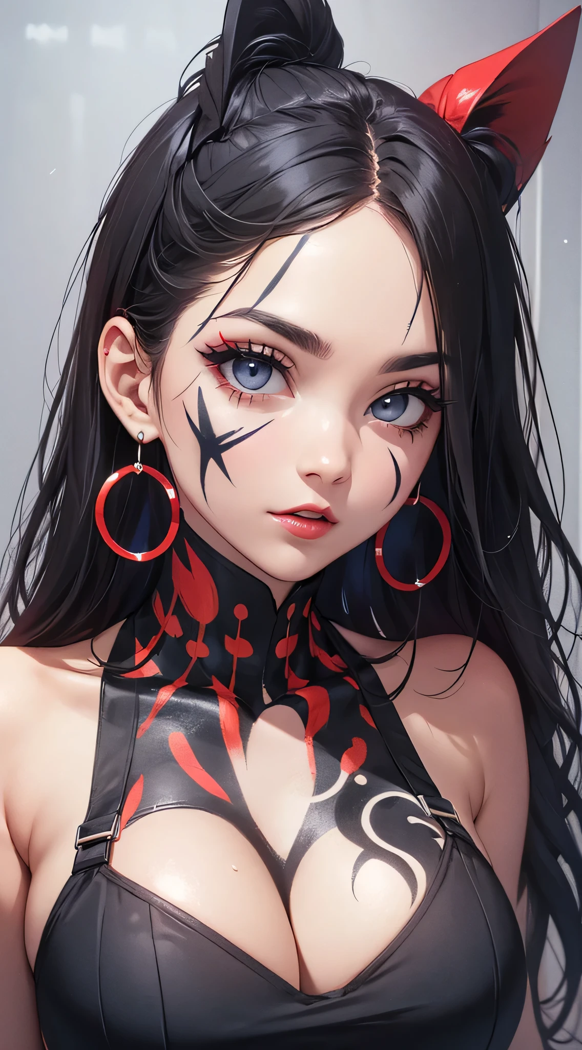top-quality、Top image quality、masterpiece、age girl((White shirt、Long black trousers、18year old、 Ager、Best Bust、big bast,Black eyes, blue hairs、A slender,Large valleys、red lipstick makeup、Cute earrings、銀の腕時計、Bring your chest together、Sit up、Eyeshadow that colors your eyes with a captivating pose、all-fours、Red Body Paint、blue face paint、gal make)),hiquality、Beautiful Art、Background with((white walls、Photography Studio))masterpiece、depth of fields,Camera Film Style