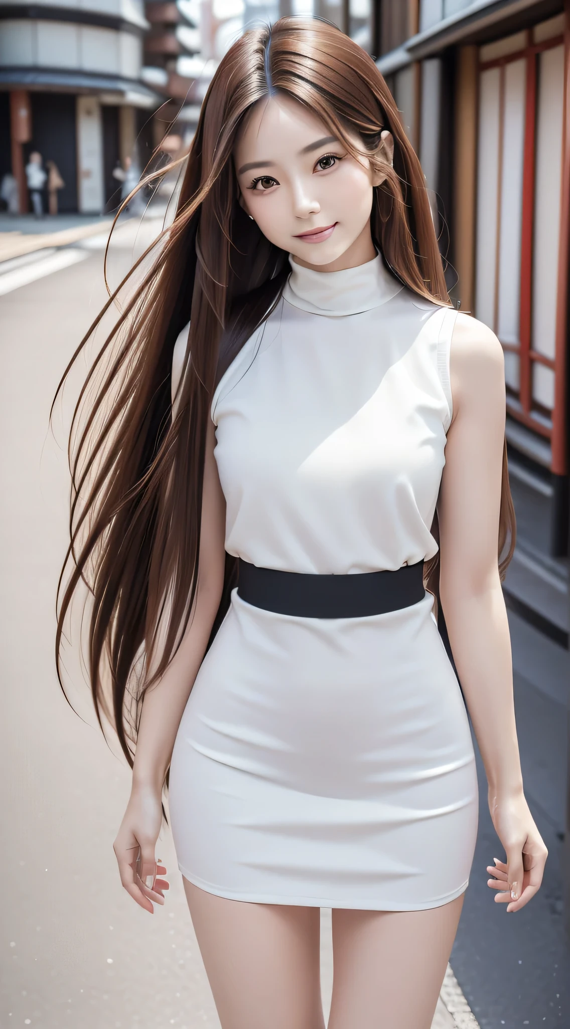 (Refreshing smile:1.5),(Look at viewers:1.1）,（hide one's hands:2.0）,(Beautiful Japan Woman）,（straight haired, Long hair, strong wind in the hair:1.5), （ High neck sleeveless , tight skirts:1.5), （high-heels;1.3), detailed  clothes, (Perfect female body), (Narrow waist:1.5), (Bust Up Portrait:1.3),   Dynamic Pose, Cinematic Light, 135 mm, Fuji Film,