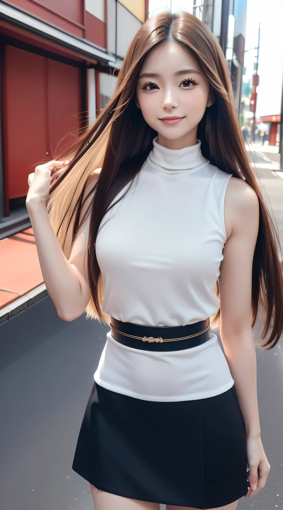 (Refreshing smile:1.5),(Look at viewers:1.1）,（hide one's hands:2.0）,(Beautiful Japan Woman）,（straight haired, Long hair, strong wind in the hair:1.5), （ High neck sleeveless , tight skirts:1.5), （high-heels;1.3), detailed  clothes, (Perfect female body), (Narrow waist:1.5), (Bust Up Portrait:1.3),   Dynamic Pose, Cinematic Light, 135 mm, Fuji Film,