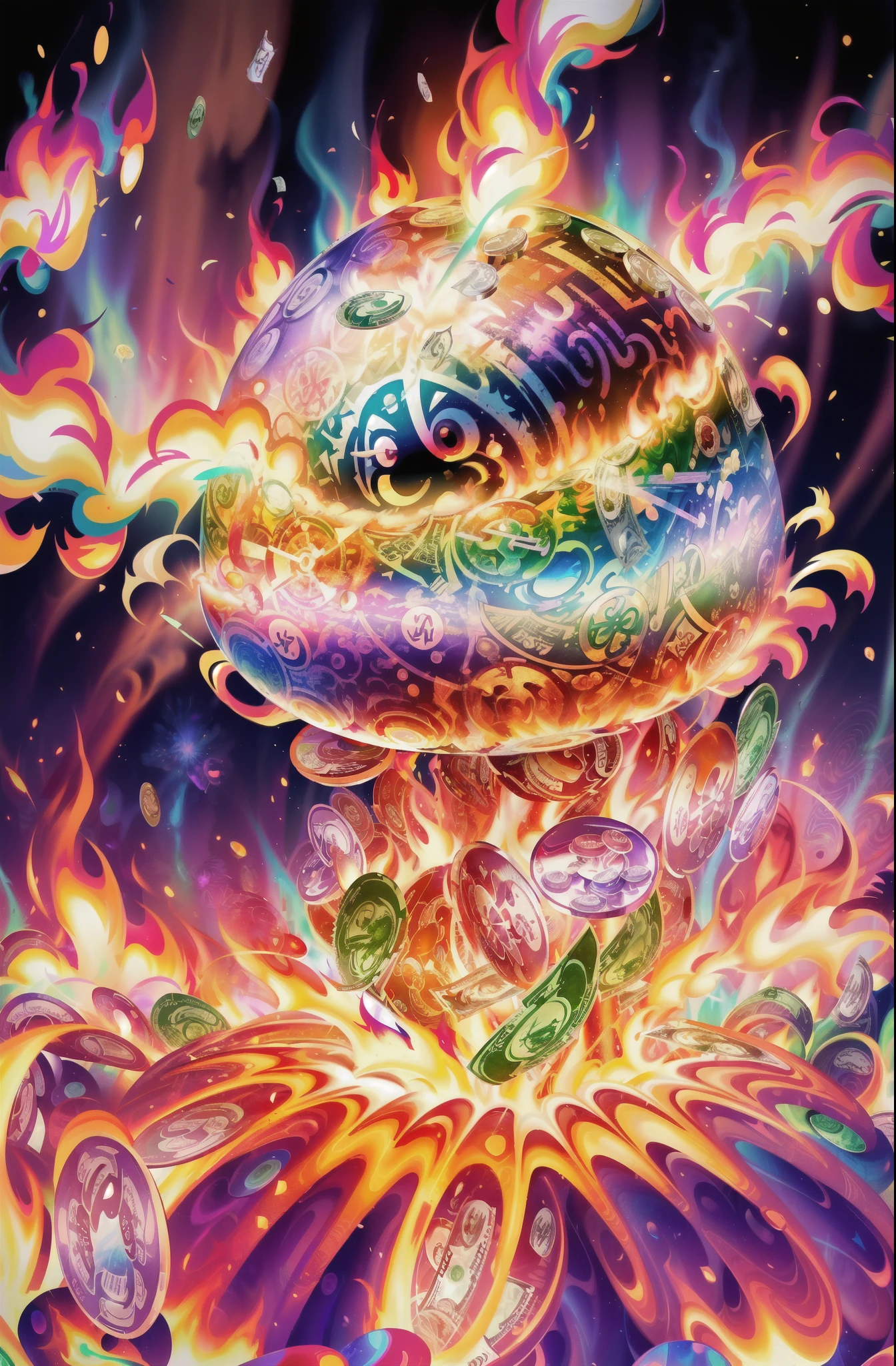 Create a psychedelic illustration of money burning, trippy