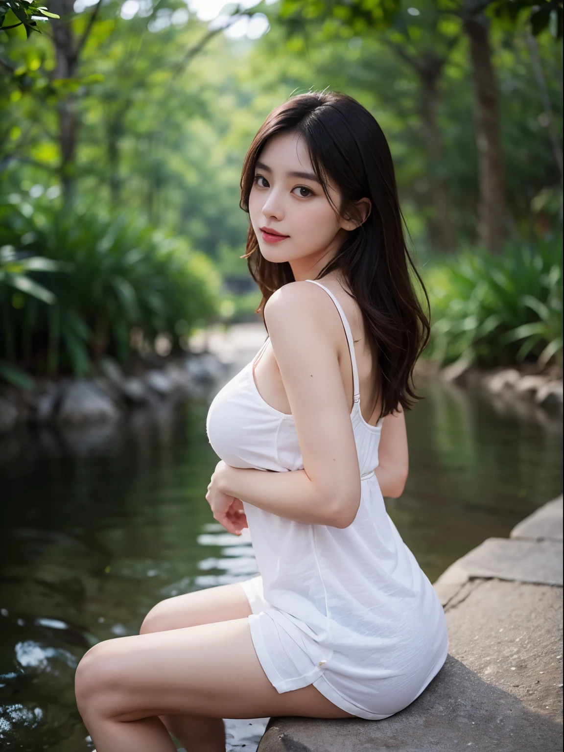 (full bodyesbian:1.5)，(1girll:1.3),(view the viewer:1.4)，(anatomy correct:1.4),(Sitting in the hot spring:1.2),(Wear a slip dress:1.2),(Accurate and perfect face:1.3),(Long legs:1.3),hyper HD, Ray traching, reflective light， structurally correct, Award-Awarded, High detail, Fade-in and fade-out shadow contrast, Face lighting ，Cinematic lighting, Masterpiece, super detailing, High quality, High detail, Best quality, 16k，High contrast,