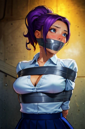 (best quality,4k,8k,highres,masterpiece:1.2),ultra-detailed,(realistic,photorealistic,photo-realistic:1.37),HDR,UHD,studio lighting,ultra-fine painting,sharp focus,physically-based rendering,extreme detail description,professional,vivid colors,bokeh,portraits
A girl with purple hair in a ponytail tightly bound with duct tape is the main subject of the artwork. The girl is gagged with an improvised tape gag, her mouth covered by duct tape. Her arms are tightly bound behind her back with more duct tape, emphasizing her vulnerability and helplessness.
She is wearing a shirt and a skirt, which adds to the contrast between her innocent appearance and her predicament. Her face is flushed with a blush, expressing her nervousness and shock at being bound and gagged. Her wide eyes reveal her fear and stress, while beads of sweat on her forehead show her anxiety.
The artwork is created using a medium of ultra-detailed digital painting, taking advantage of high-resolution techniques such as 4k and 8k. The image aims for a realistic and photorealistic portrayal, with every intricate detail of the girl's face, hair, and clothing meticulously rendered. The lighting is carefully considered, with studio lighting to bring out the textures and colors.
The color palette chosen for this artwork leans towards purple hues, enhancing the girl's purple hair and creating a cohesive color theme. The lighting accentuates the shadows and highlights, adding depth and drama to the composition. The overall ambiance of the artwork aims to capture the intensity and vulnerability of the girl's situation.
Note: This prompt contains sensitive elements related to bondage. Please make sure to use it responsibly and respect the boundaries of others.