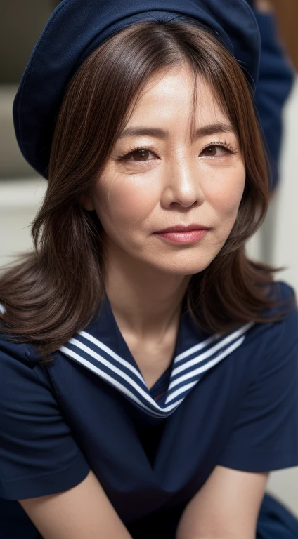 (Best Quality, hight resolution, Hires, Skin definition, Detailed skin, Detailed eyes, Detailed face, 4K, 日本人A MILF, (Solo), (((70 years old))), (Wrinkles at the corners of the eyes:1.9), (nasolabial folds:1.9), A MILF, glamor, A sexy, Chromo-white skin, (((Wavy Longhair))), Looking at Viewer,(((my skin is old:0.3))), ((muscles are old:0.3)), ((Japanese Models)), 4K, 8K, (photoRealistic:1.5), Realistic, nffsw, Beautiful, (((makeup:1.0))), small diamond necklace, piercings, {(((white and navy sailor))), (((uniform))), (((a sailor suit))), (((neckerchief))), Navel is visible, (((Dark blue pleated skirt))),(micromini skirt)}, lowfers, thick thighs, big butts, wide hips, Curve, Classroom, Spread legs, Squatting, Full body photo