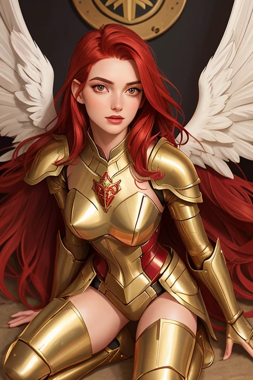 Woman ,Female ,Ritter, Armor decorated with gold ,Silber , gefallener Engel,Gentle and beautiful girl, Full body image, Zart und sexy , charmantes ovales Gesicht, rosarote Lippen, kleine Nase, red shiny hair , zusammen Gestecktes haar , Wings, Angel wings