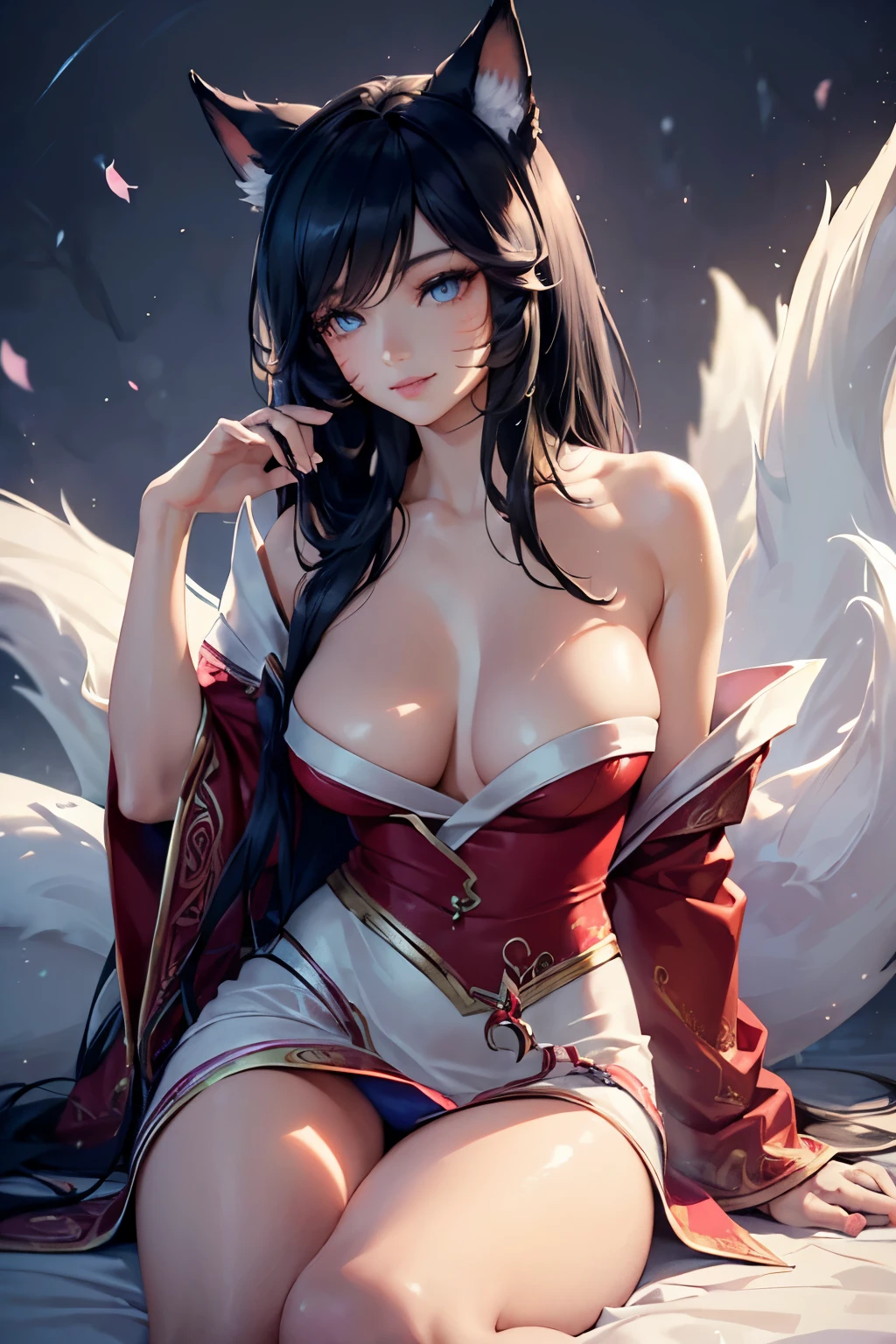 (best quality,ultra-detailed,realistic:1.37),Ahri,spa,luxurious,relaxing atmosphere,beautiful detailed eyes,beautiful detailed lips,smiling,bathrobe,sitting upright,black hair,nine white tails,peaceful background,portraits,vivid colors,soft lighting,tranquil ambiance