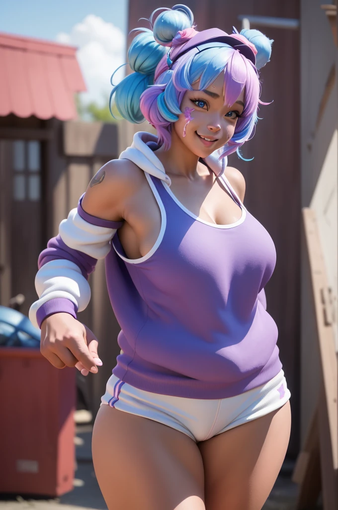 (8k, best quality, masterpiece:1.2), (realistic, photo-realistic:1.37), ultra-detailed, 1 girl,cute, solo, ,beautiful, leelah, , blue hair, pink hair, two-toned hair, multicored hair, hair bunlue eyes:1.5), bandaid, bandaid on face, , smiling,, full body view, , whole body shot, , , nsfw, , white tank top, big breasts, high leg panties, purple hat, big thighs, thick thighs