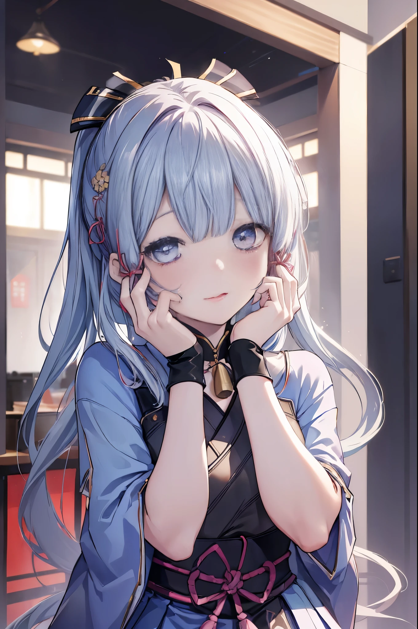 ((Kamisato Ayaka:1.3)), ((Best Quality)), ((Highly detailed)), masutepiece, absurderes, (Detailed eyes, deep eye), (1girl in), yandere trance, yandere, hands on own face, ((Cover your cheeks with both hands:1.2)), Shaded face, ((Eyes without light)), (Upper body), Hexmania CMS, ((@.@)), bags under eyes, Ahoge, Black ribbon, Light blue hair, pale skin, Small breasts, , s Armor+skirt by the, (Japanese style desk dark)