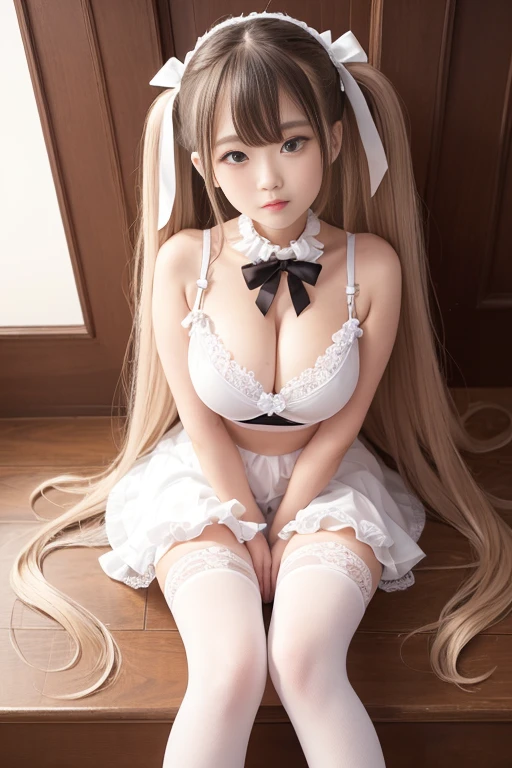 a beauty girl、white coat with fur、exposed thighs、slenderbody、kawaii faces、white tights、White blouse with frills、brown shoes with high soles、ribbon on tights、Idle face、Model body type、ta with big breasts like a high school student、a smile、masutepiece、colorful ribbons on tights、Wrap a tulle ribbon around your hair、wavy twin tails