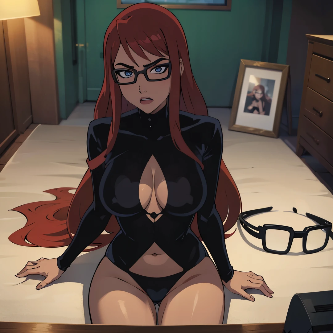 CARTOON_barbara_ownwaifu,cell Shading,anime coloring,black bikini,sitting,masterpiece,best quality,.ownwaifu.com,long hair,glasses,red hair,blue eyes,black-framed eyewear,breasts,under-rim eyewear,semi-rimless eyewear, curvy, toned, large breasts, narrow waist