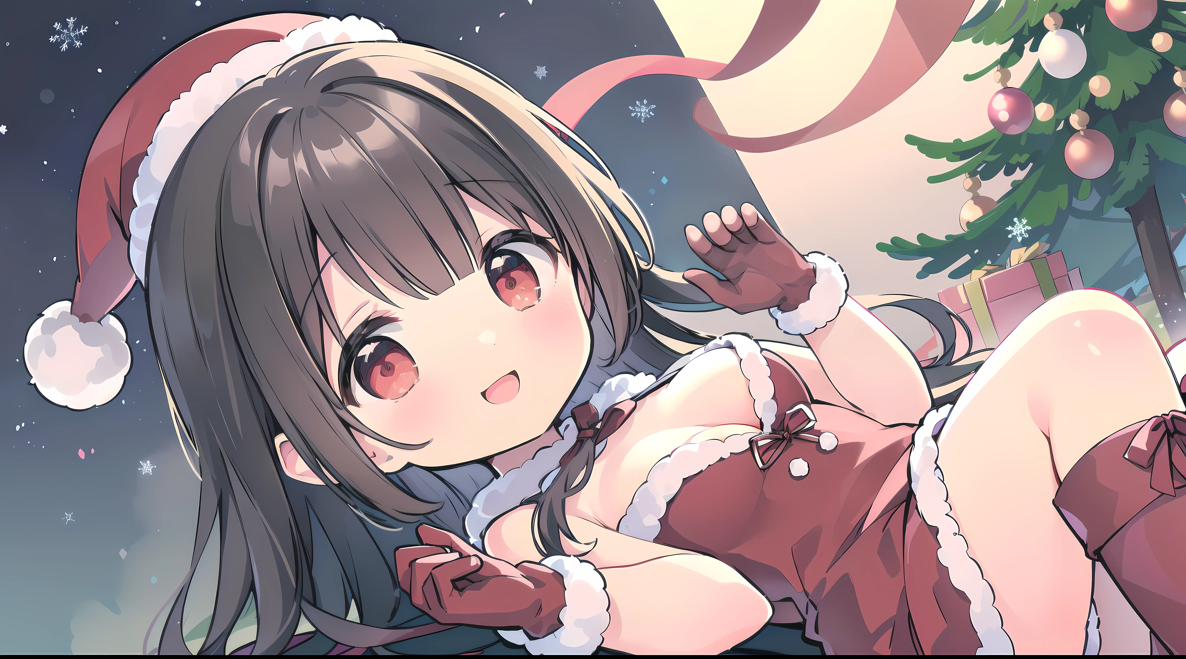 Landscape mode, (wearing cute red christmas dress, wearing big red christmas hat, big red ribbon on the back of her hair, christmas gloves, wear long black stocking, knee high red christmas boots:1.5), picture infront of big christmas tree on a big outdoor plaza at night with starry sky and a lot of hanging christmas light, (gentle housewife, small girl, full body, depth of view, petite and short figure girl, cute and , perfect woman, medium cleavage, mature aura:1.2), (masterpiece, best quality, HD Pictures, 4K:1.1), outdoor, very long hair, bangs, gentle look, gentle smile, gentle eyes, mature looking, pinkish cheeks, very detailed eyes, very detailed pupils, very detailed ridiculously long black hair, detailed face, detailed ruby red eyes, full body, look up to viewer, detailed long black hair, (happy gentle face, warm smile, blushing red cheeks, hands reaching towards viewer:1.3)