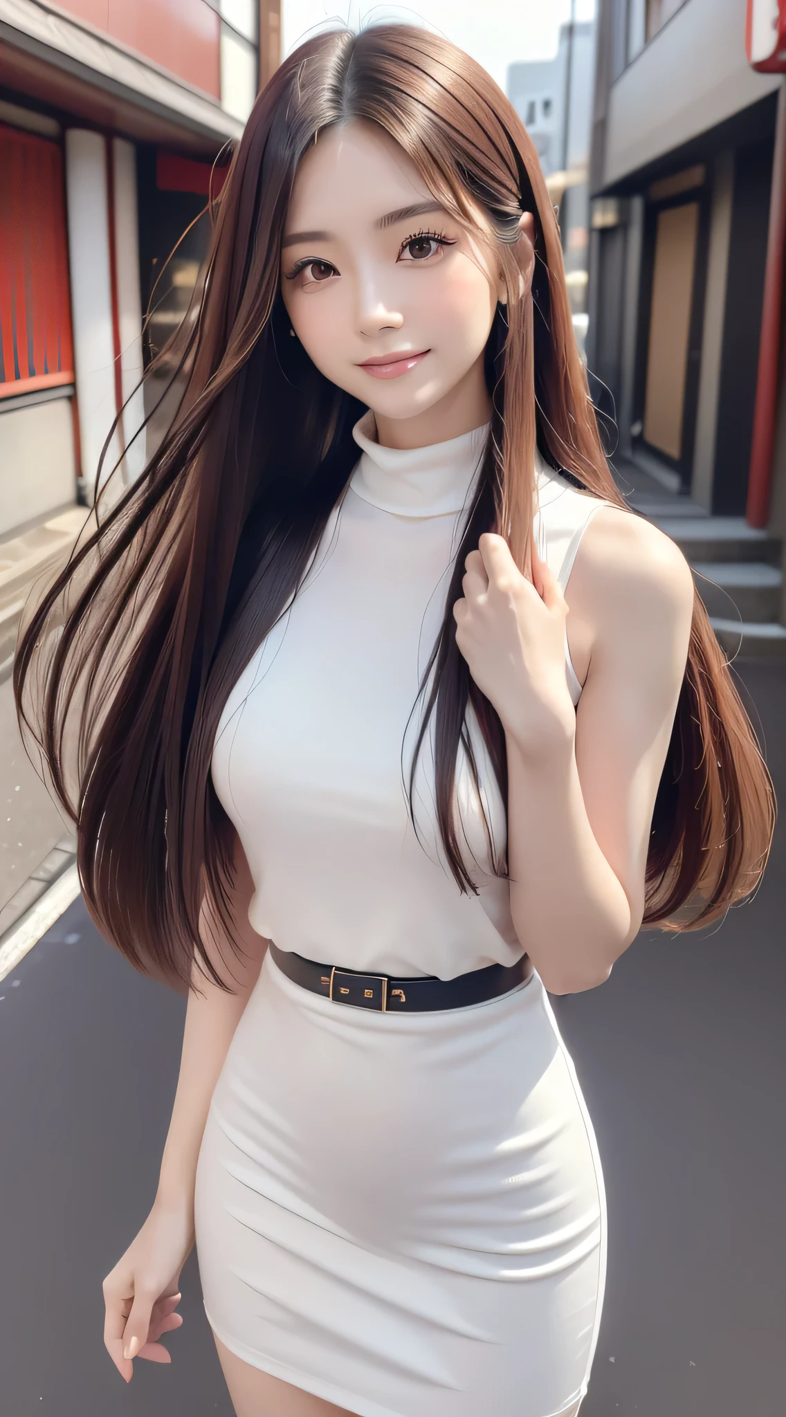 (Refreshing smile:1.5),(Look at viewers:1.1）,（hide one's hands:2.0）,(Beautiful Japan Woman）,（straight haired, Long hair, strong wind in the hair:1.5), （ High neck sleeveless , tight skirts:1.5), （high-heels;1.3), detailed  clothes, (Perfect female body), (Narrow waist:1.5), (Bust Up Portrait:1.3),   Dynamic Pose, Cinematic Light, 135 mm, Fuji Film,