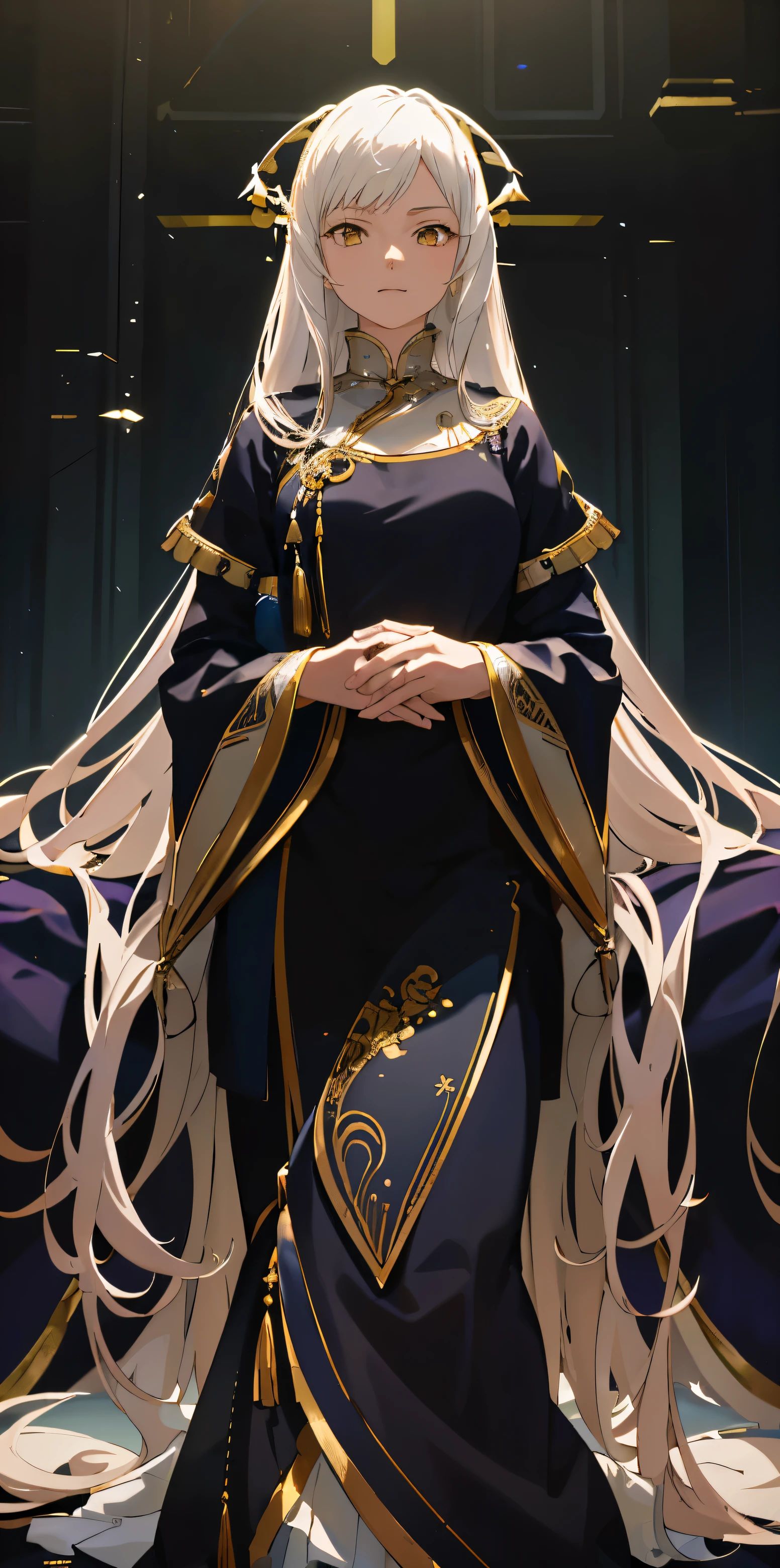 (Masterpiece:1.2), best quality, (illustration:1.2), (ultra-detailed), hyper details, (delicate detailed), (intricate details), (cinematic light, best quality Backlights), clear line, from below, soloist, perfect body, (1girl), white hair and yellow eyes, (emperor, black see-through clothes), (crown: 1.1), sitting on the throne, eyes slightly closed, head down, (shy: 1.2 ), (makeup), high contrast, (best illumination, an extremely create and beautiful), (cinematic light), colorful,