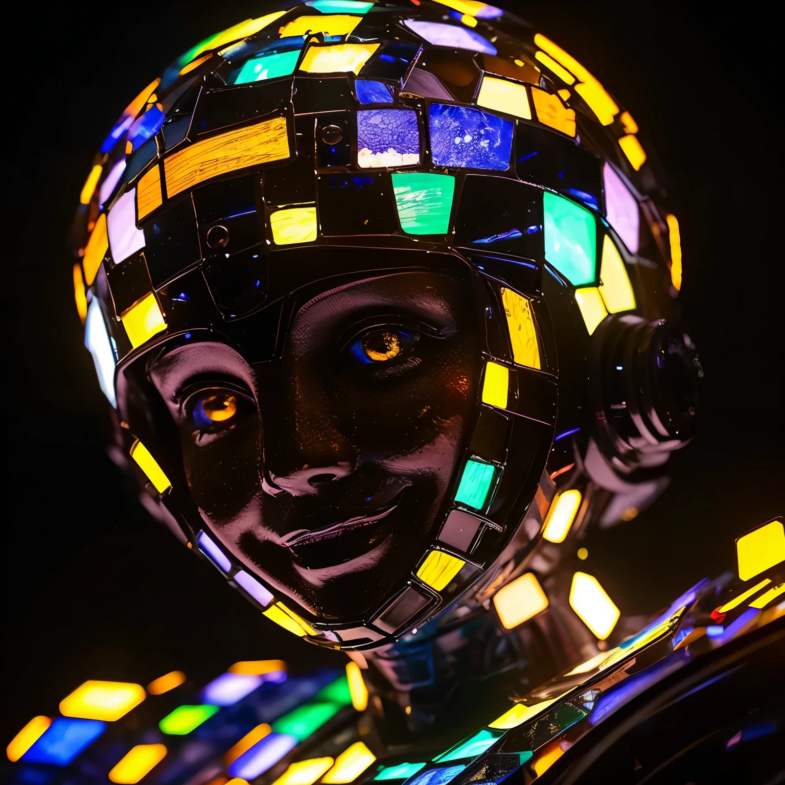 An image of a sculpture of a robot girl made of translucent puzzle colored stained glass, small fiery lights glowing inside, dark background, (portrait:1.3, looking diagonally), smile