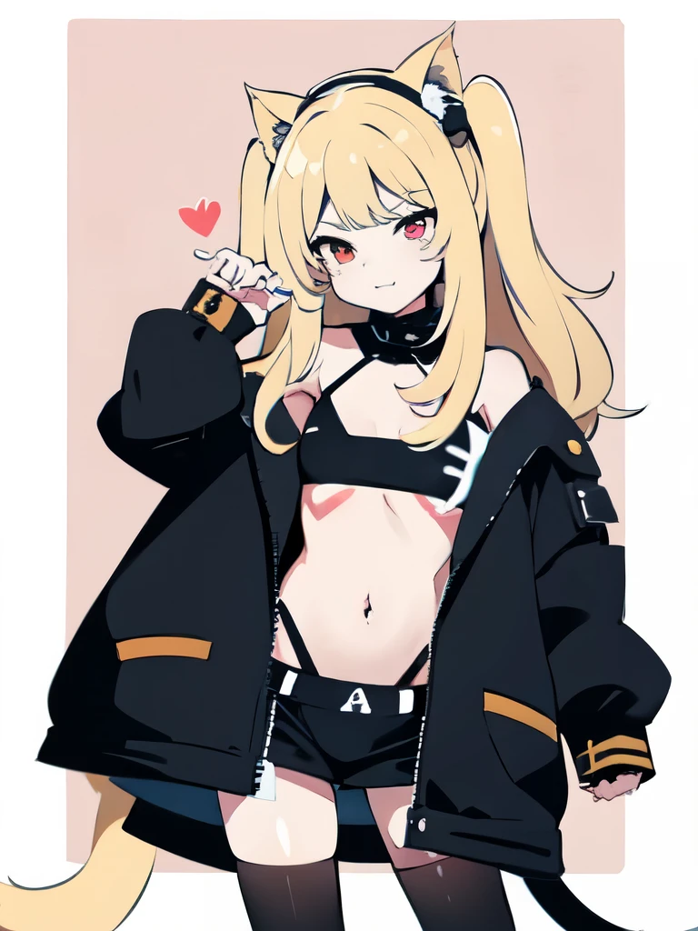 The content is very detailed，Has cat ears，A cat's tail，comb blond hair，flatchest，Punk coat，bit girl，with whole body visible