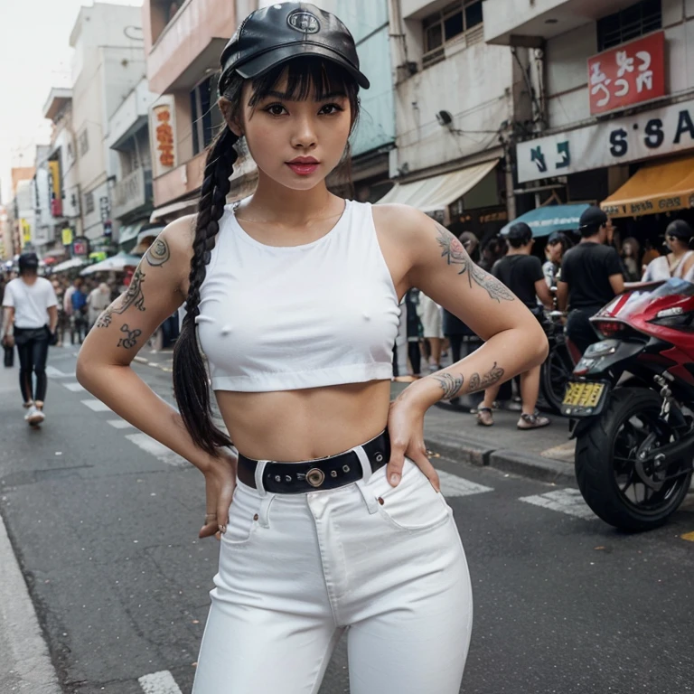 Beautiful girl, half Thai-Japanese face, super model figure, hands and feet have beautiful details. Wear a thin white shirt Wearing black, low-waisted leather pants, wearing a cap, standing on a crowded Thai street, she has tan skin, pigtails, bangs, and red lipstick on her lips. Has tattoos all over his body, smokes