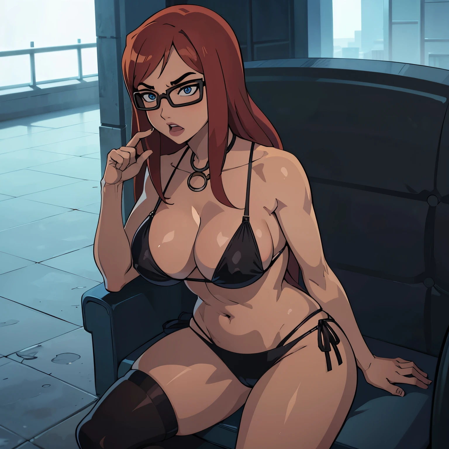 CARTOON_barbara_ownwaifu,cell Shading,anime coloring,black bikini,sitting,masterpiece,best quality,.ownwaifu.com,long hair,glasses,red hair,blue eyes,black-framed eyewear,breasts,under-rim eyewear,semi-rimless eyewear, curvy, toned, large breasts, narrow waist