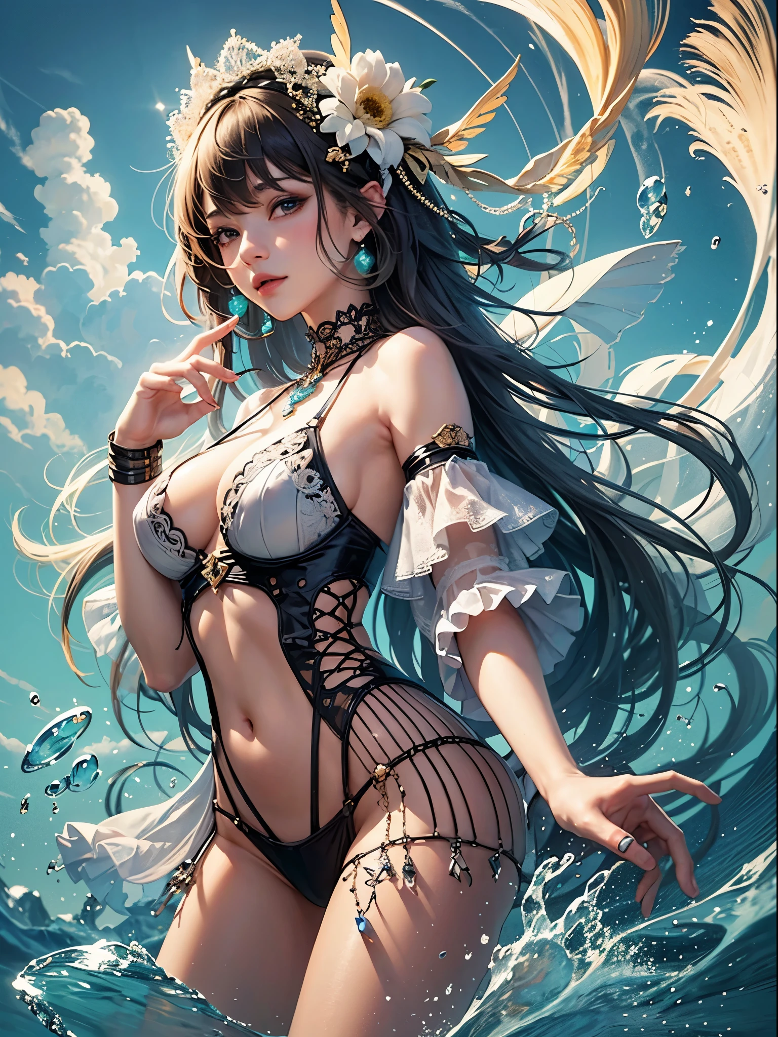 art, Unity 8k壁纸, Ultra-detailed, Beautiful and aesthetically pleasing, (s fractal art: 1.3), flower, girls, (Hairstyles: Long hair) Ocean, Extremely detailed, Cowboy shot, The most beautiful, Seafoam, Buble, cute big breasts, ultra quality, random background, random dress, --auto --s2