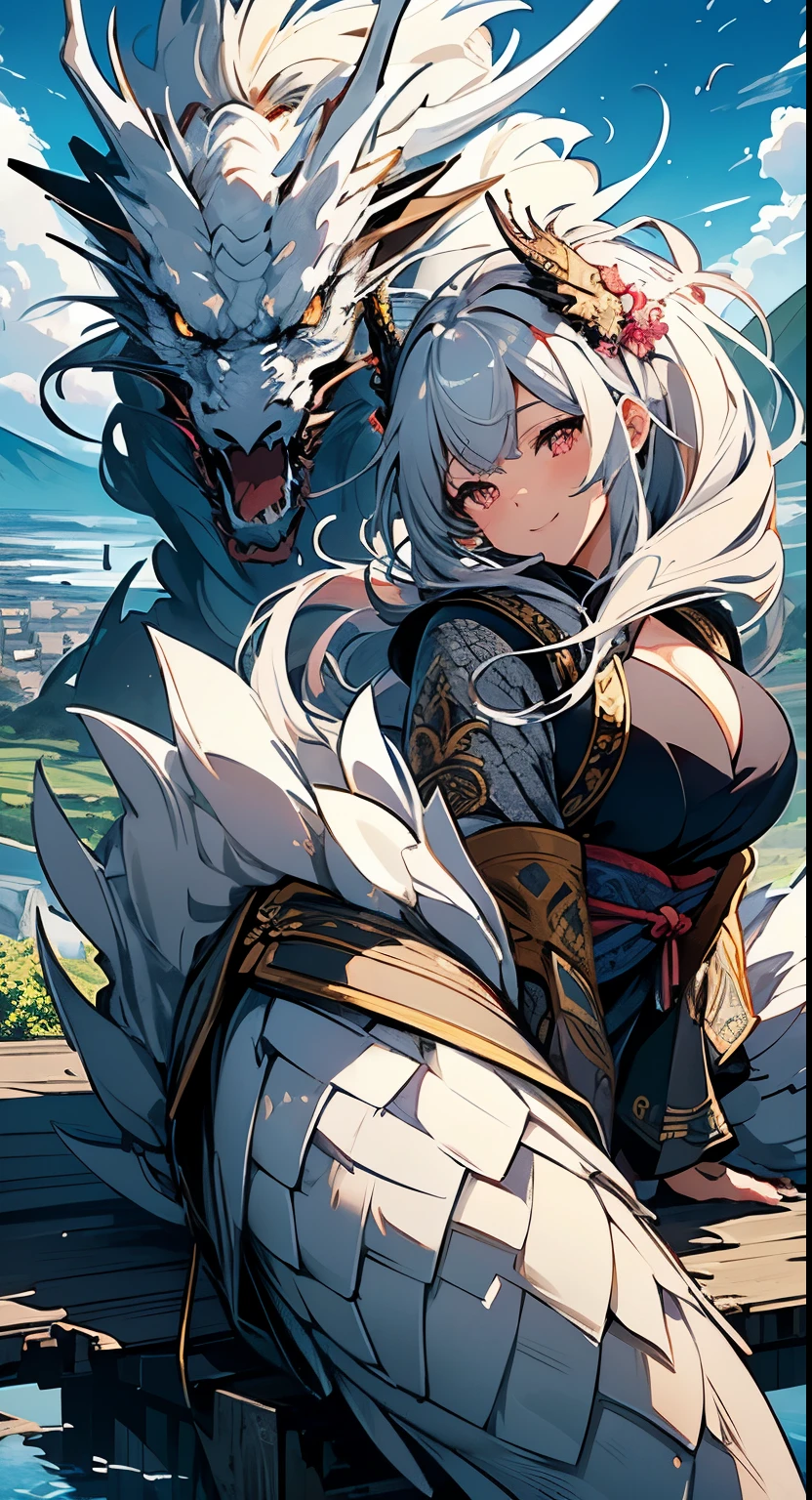 top-quality,Top image quality,in 8K,4K,masterpiece,Ultra-detailed細,Beautiful、ultra-quality, Best Quality,High resolution, Ultra-detailed,Game CG,Dutch Angle,(Beautifully detailed eye fingers, Perfect hands,a beauty girl,独奏,looking at viewert,Upper body,Front view,silber hair,long,1 moon,coastline,Mt fuji,Dragon flies in the sky,Sitting,(Black furisode),((white dragon pattern)),a miniskirt,dragon horn on head,medium breasts,cleavage of the breast,thighs thighs thighs thighs,Seductive smile,Dynamic Pose, outstretched_arms, outstretched_hand