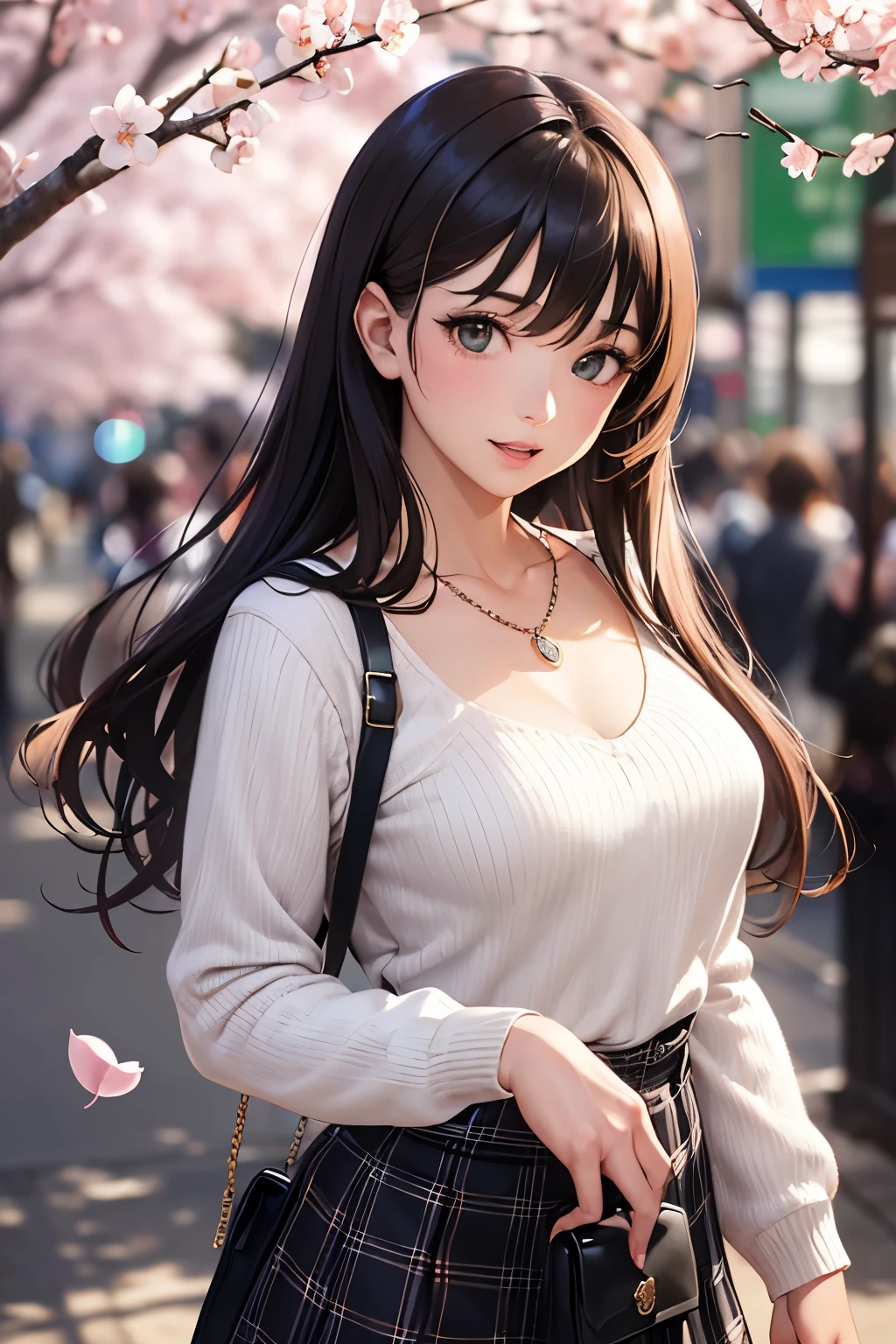 ((masutepiece, Best Quality, hight resolution, nffsw, Perfect Pixel, depth of fields, 4K, nffsw, nffsw))), 1girl in, Single, Solo, Beautiful anime girl, Beautiful Art Style, Anime Character, ((Long hair, Bangs, Brown hair)), ((Green eyes:1.4, rounded eyes, Beautiful eyelashes, Realistic eyes)), ((Detailed face, Blushing:1.2)), ((Smooth texture:0.75, Realistic texture:0.65, Photorealistic:1.1, Anime CG style)), ((medium breasts, cleavage, busty)), Dynamic Angle, Perfect body, ((POV, Selfie Pose, Portrait)), ((White sweater, Long sleeve, Black skirt, plaid skirts, Fashionable, 1 handbag, 1 diamond necklace)), Smile, Open mouth, amusement park, ((The cherry tree, Cherry blossoms fall))