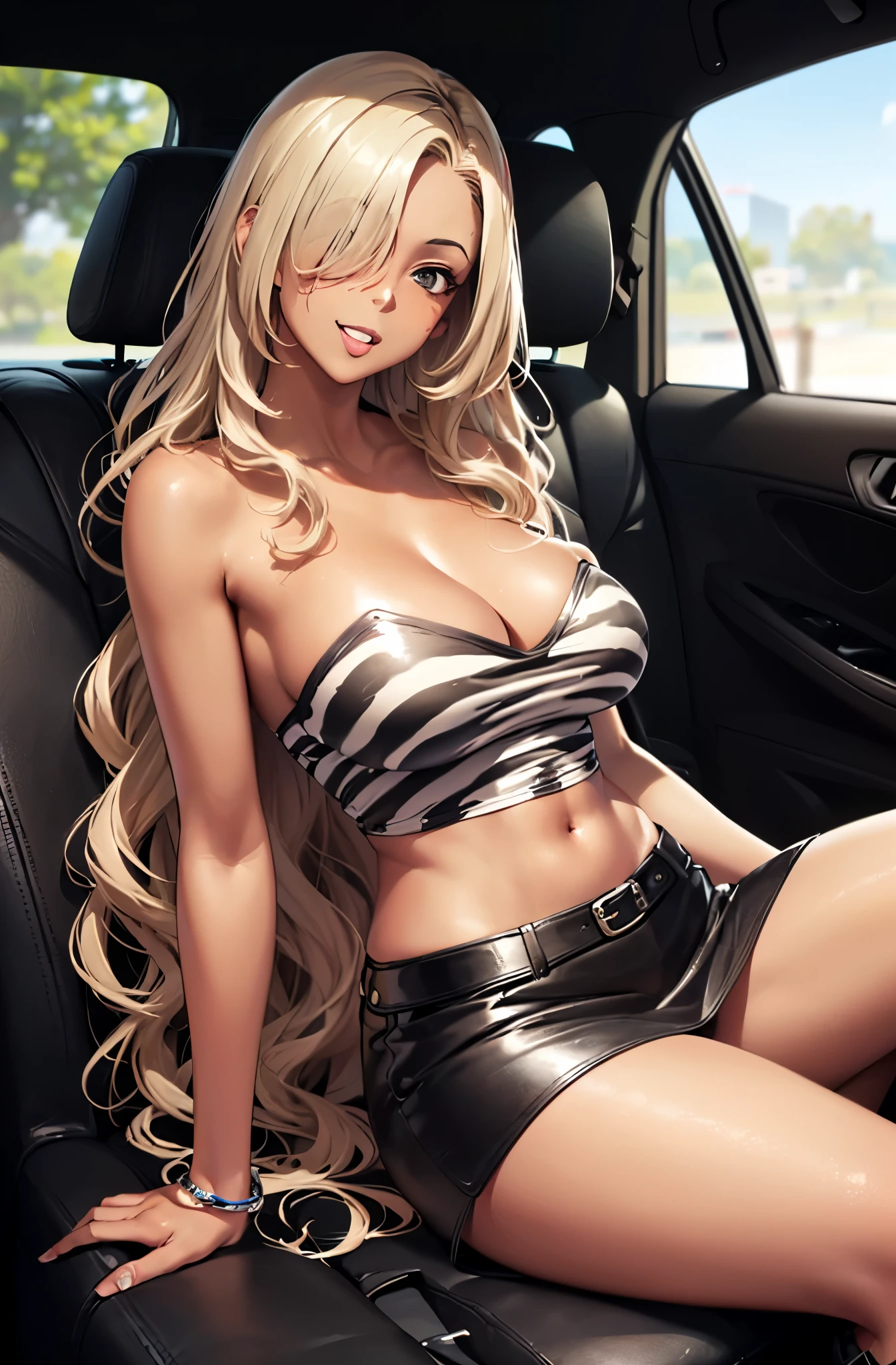 (masutepiece:1.5)、(top-quality:1.5)、(16k wallpaper:1.2)、(Photorealsitic:1.2)、(ultra-detailliert:1.2)、(超A high resolution:1.2)、(Highly detailed and realistic tanned brown skin:1.5)、(zebra print tube top shirt:1.5)、(sit with your legs spread out in the passenger seat of your car:1.2)、(Dark red panties can be seen through the black leather miniskirt.:1.3)、(18 year old beautiful dark-skinned woman:1.2)、Beautiful eyeshadow、mascara、Beautiful eyeliner、(Slender woman with body shape:1.4)、Natural Color Lip、(long blonde wavy hair covering one eye:1.2)、Cute smile with open mouth、(Tight Leather Mini Skirt、Knee High Leather Boots)、(long tongue)、