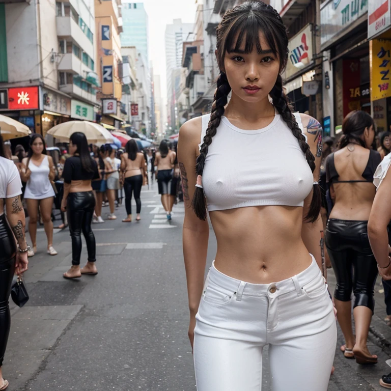 Beautiful girl, half Thai-Japanese face, super model figure, hands and feet have beautiful details. Wear a thin white shirt Black low-waisted leather pants Standing on a crowded Thai street, she has tanned skin, braids, bangs, and red lipstick on her lips. Has tattoos all over his body, smokes