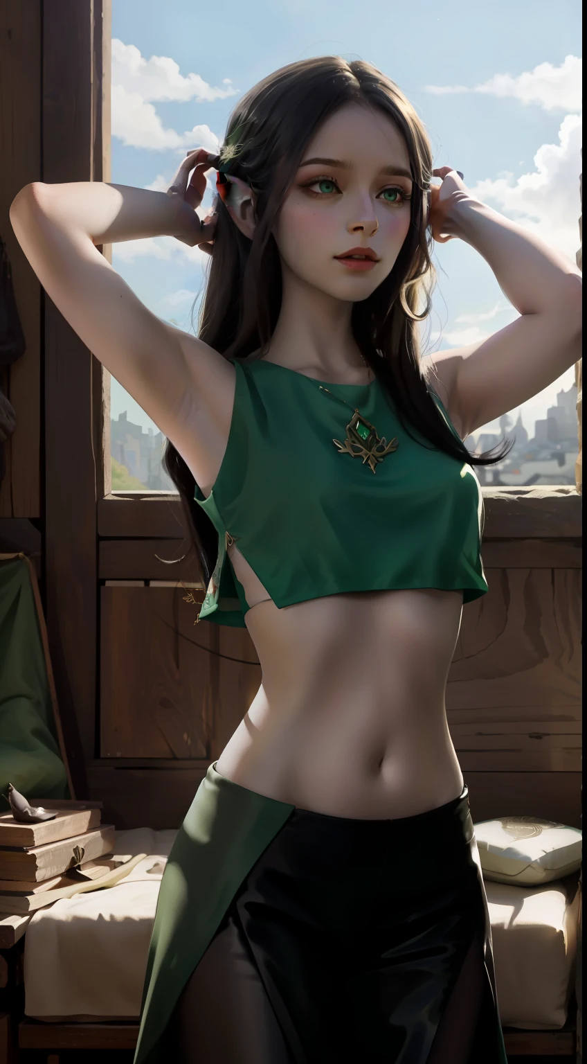 ((best quality)),In a medieval fantasy world, Layla is depicted as an elf, showcasing a blend of mystical and modern styles. She is wearing a sleeveless crop top that ends at her midriff, with her arms fully exposed without any accessories. In this pose, Layla is raising both arms high, fully revealing her underarms, either in a stretch or adjusting her hair, highlighting her elven grace and physical form. Her long black hair flows freely, and her bright green eyes add to her expressive, enchanting appearance. The background is a medieval town illuminated by sunlight, emphasizing the magical atmosphere. This image captures Layla's elven essence and modern attire in a dynamic and elegant pose,soo sexy, sooo horny