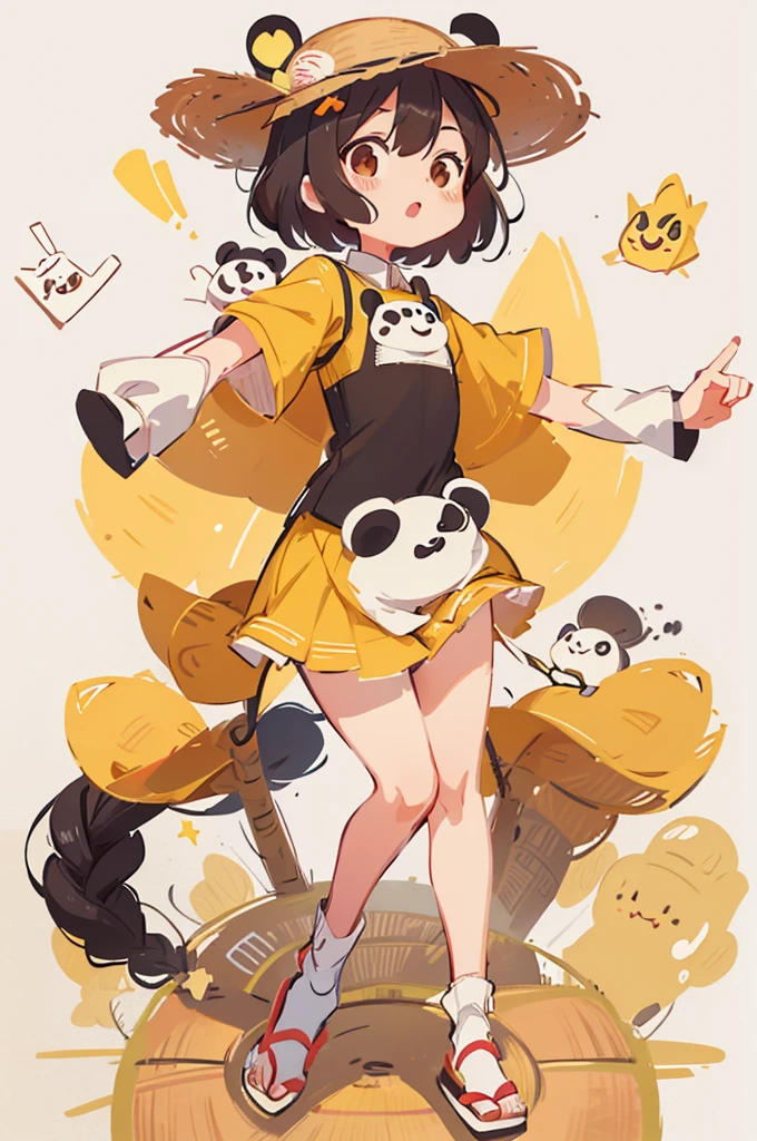 cute panda wearing yellow straw hat,multiple poses and expressionaggerated movements,different emotions,white background,emoji as illustration set, with bold manga line style, dynamic pose,the style of line drawing style,sticker art design,exquisite details,nine palace grid layout-- style cute
