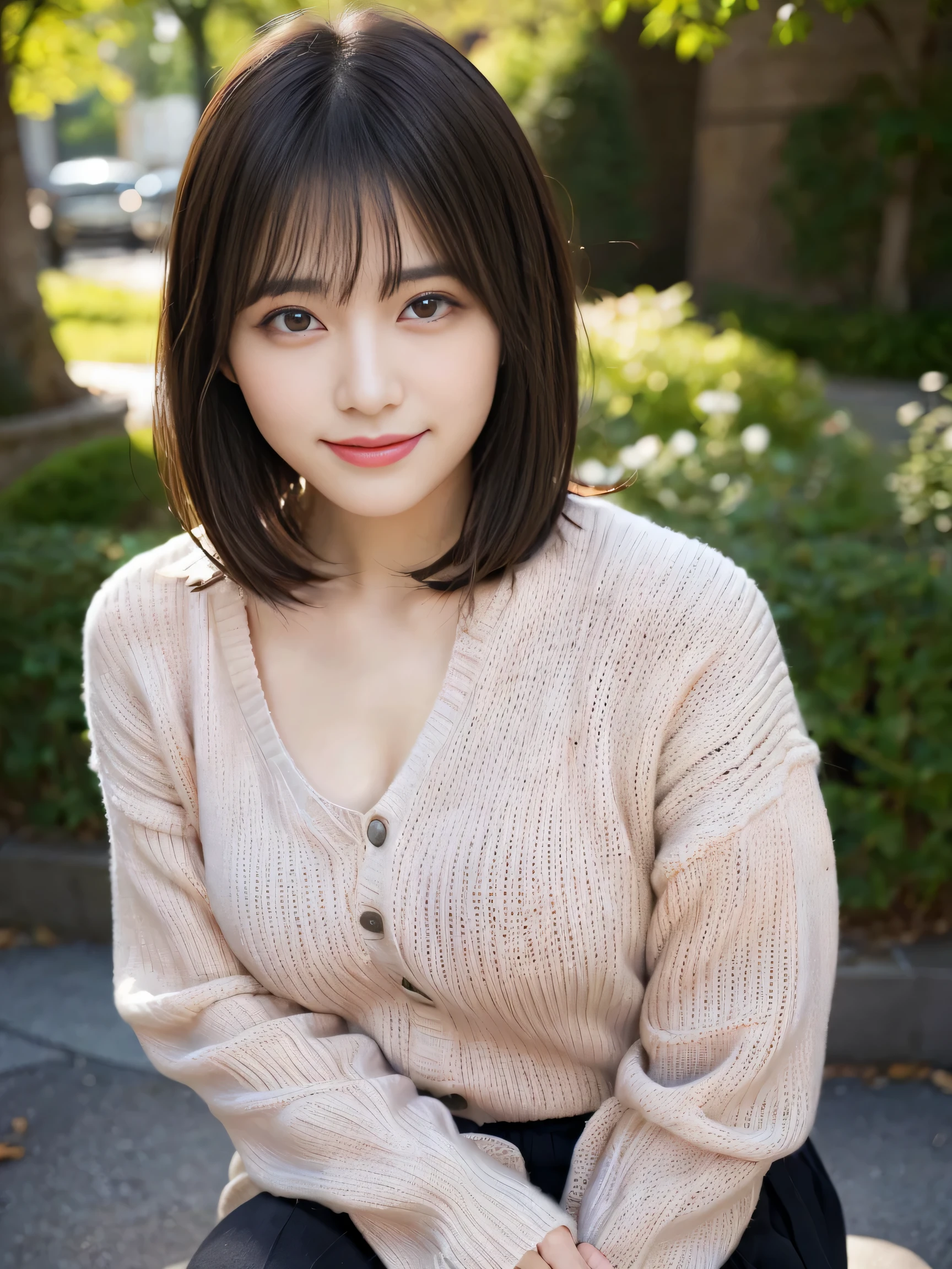 cute smile face、Lovely smile、Japan woman at 25 years old、((realphoto:1.5))、Tightness in the chest、Colossal tits、(((Tight knitted sweater)))、Photorealsiticです、Live action、(((Photo from the knee up)))、Keep your back straight、up chest、erect through、(masuter piece:1.3)、(8K、Photorealsitic、Raw photography、top-quality: 1.4)、(1girl in)、美丽的面容、(Lifelike face)、(A dark-haired、short-hair:1.3)、beautiful bangs hairstyle、Realistic eyes beautiful details、(real looking skin)、Beautiful skins、(Sweaters)、absurderes、enticing、超A high resolution、A hyper-realistic、high-detail、the golden ratio