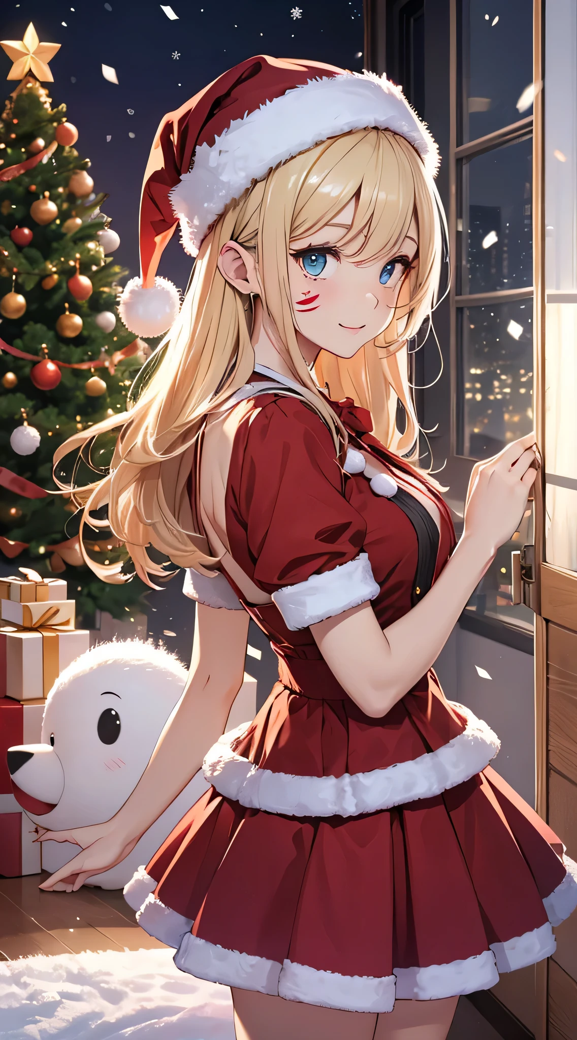 top-quality、Top image quality、masterpiece、teens girl((Cute Santa Costumes、santa style short skirt、santa style tank top、sixteen years old、 Ager、Best Bust、big bast,Beautiful wide open light blue eyerest, a blond、A slender,Large valleys、dye one's cheeks red、Straighten your back、White breath、Reflecting the whole body、Laugh、jamping、reaching out her hands、dye one's cheeks red、A slight smil、Red Body Paint、Red Face Paint)),hiquality、Beautiful Art、Background with(( natta、snowflakes falling、Nice and clean room.、Christmas Party、Party Venue、Christmas Lights、Christmas tree、)))、masutepiece、depth of fields,Flying in the sky