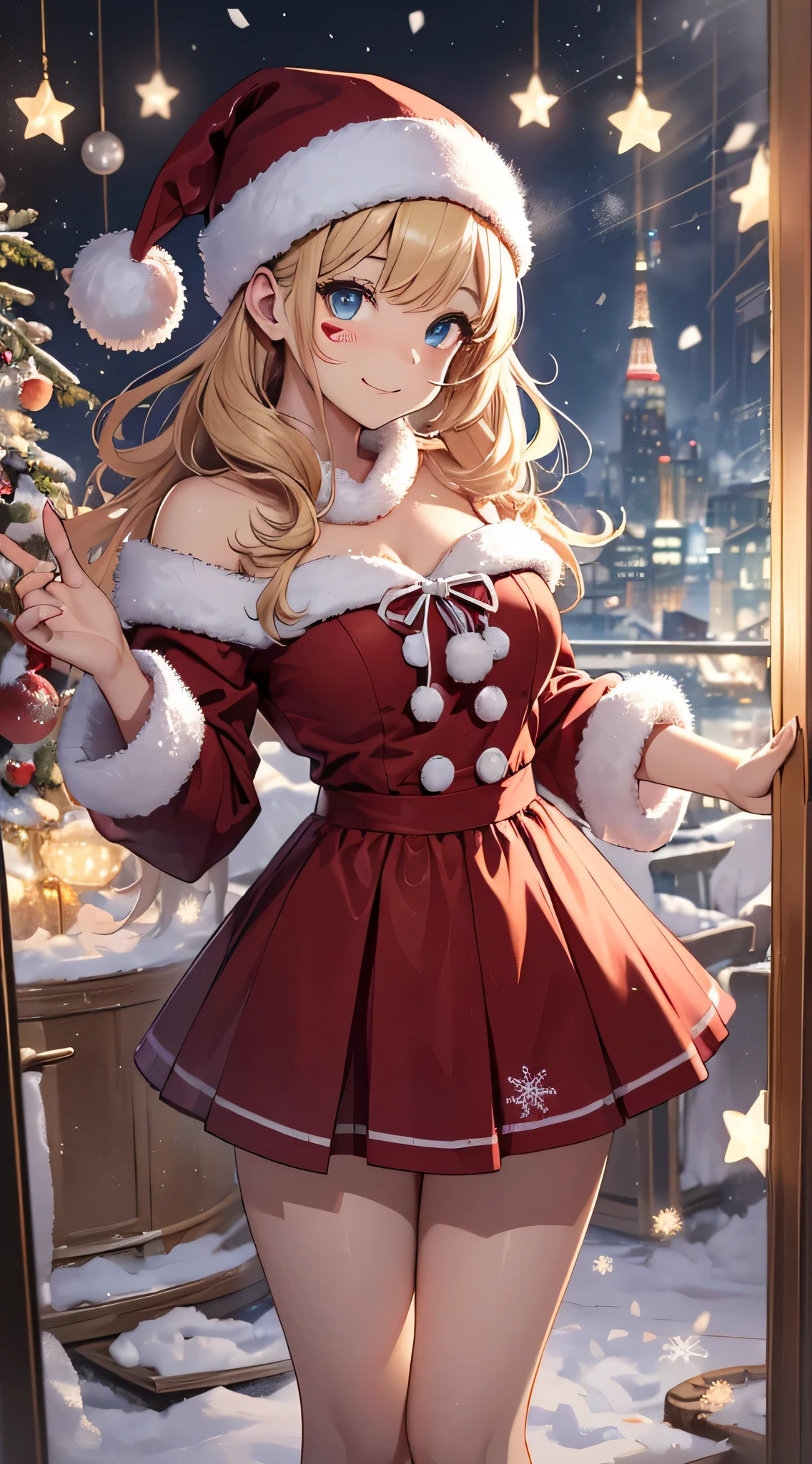 top-quality、Top image quality、​masterpiece、teens girl((Cute Santa Costumes、santa style short skirt、santa style tank top、sixteen years old、 Ager、Best Bust、big bast,Beautiful wide open light blue eyerest, a blond、A slender,Large valleys、dye one's cheeks red、Straighten your back、White breath、Reflecting the whole body、Laugh、jamping、reaching out her hands、dye one's cheeks red、A slight smil、Red Body Paint、Red Face Paint)),hiquality、Beautiful Art、Background with(( natta、snowflakes falling、Nice and clean room.、Christmas Party、Party Venue、Christmas Lights、Christmas tree、)))、masutepiece、depth of fields,Flying in the sky