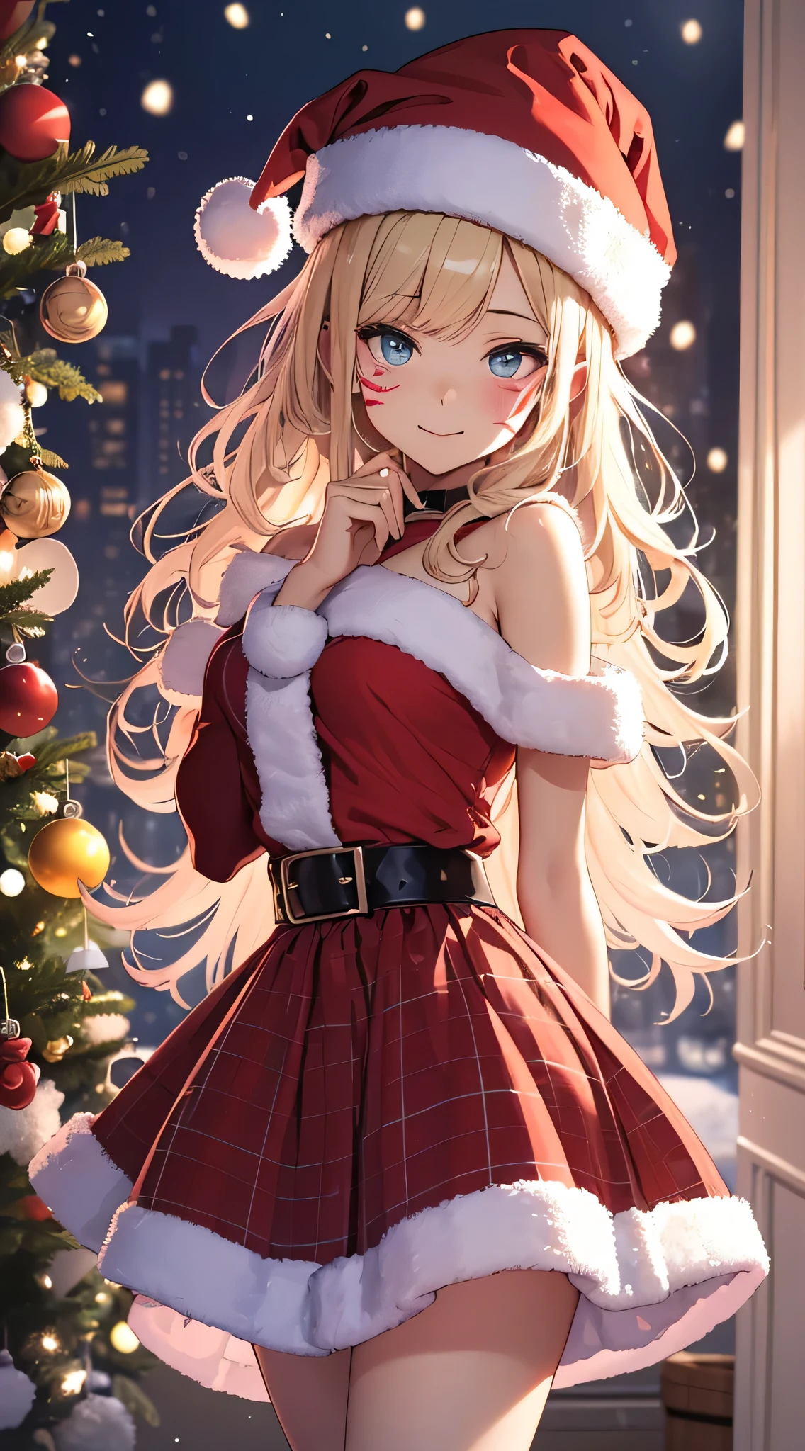 top-quality、Top image quality、masterpiece、teens girl((Cute Santa Costumes、santa style short skirt、santa style tank top、sixteen years old、 Ager、Best Bust、big bast,Beautiful wide open light blue eyerest, a blond、A slender,Large valleys、dye one's cheeks red、Straighten your back、White breath、Reflecting the whole body、Laugh、jamping、reaching out her hands、dye one's cheeks red、A slight smil、Red Body Paint、Red Face Paint)),hiquality、Beautiful Art、Background with(( natta、snowflakes falling、Nice and clean room.、Christmas Party、Party Venue、Christmas Lights、Christmas tree、)))、masutepiece、depth of fields,Flying in the sky