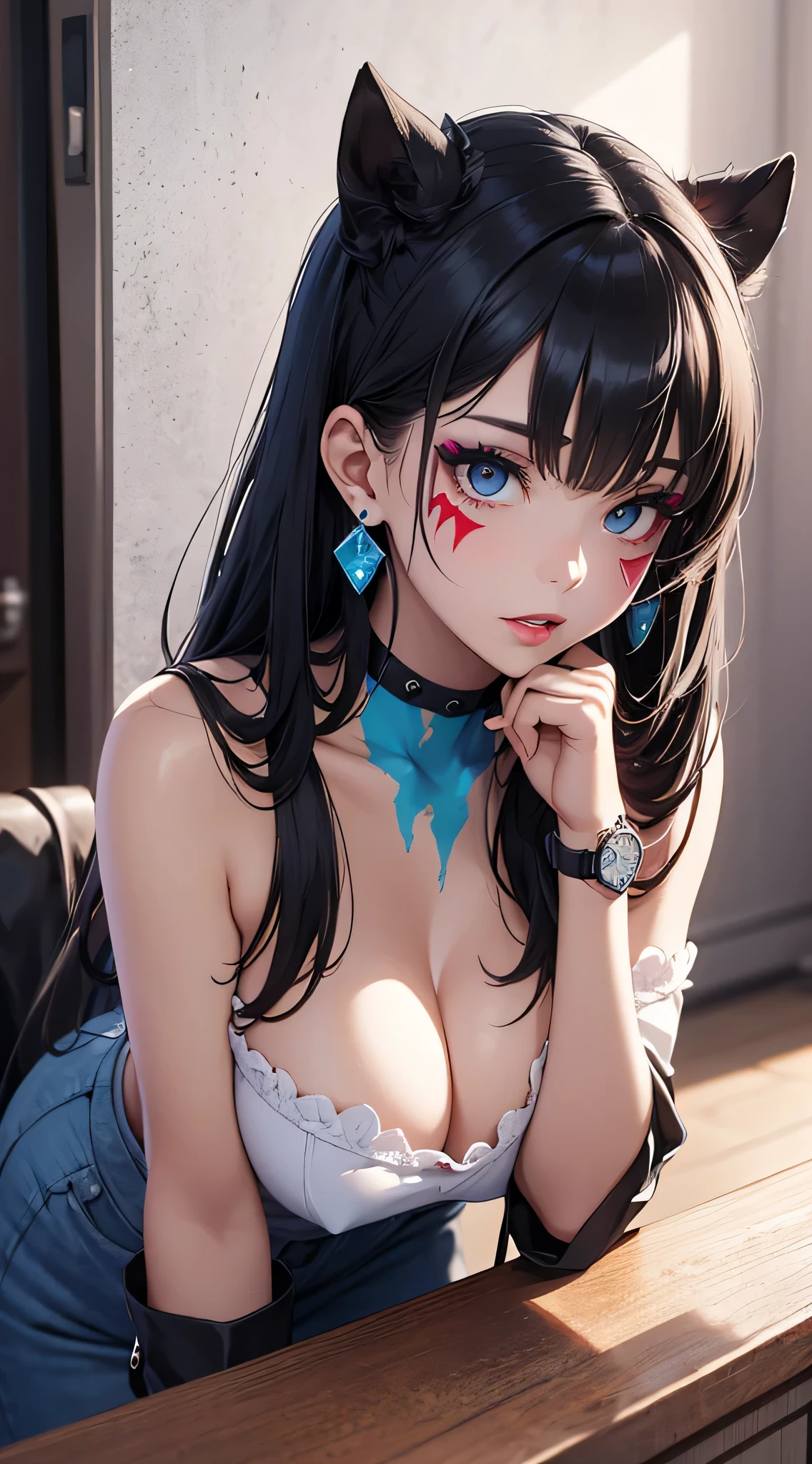 top-quality、Top image quality、masterpiece、age girl((White shirt、Long black trousers、18year old、 Ager、Best Bust、big bast,Black eyes, blue hairs、A slender,Large valleys、red lipstick makeup、Cute earrings、銀の腕時計、Bring your chest together、Sit up、Eyeshadow that colors your eyes with a captivating pose、all-fours、Red Body Paint、blue face paint、gal make)),hiquality、Beautiful Art、Background with((white walls、Photography Studio))masterpiece、depth of fields,Camera Film Style
