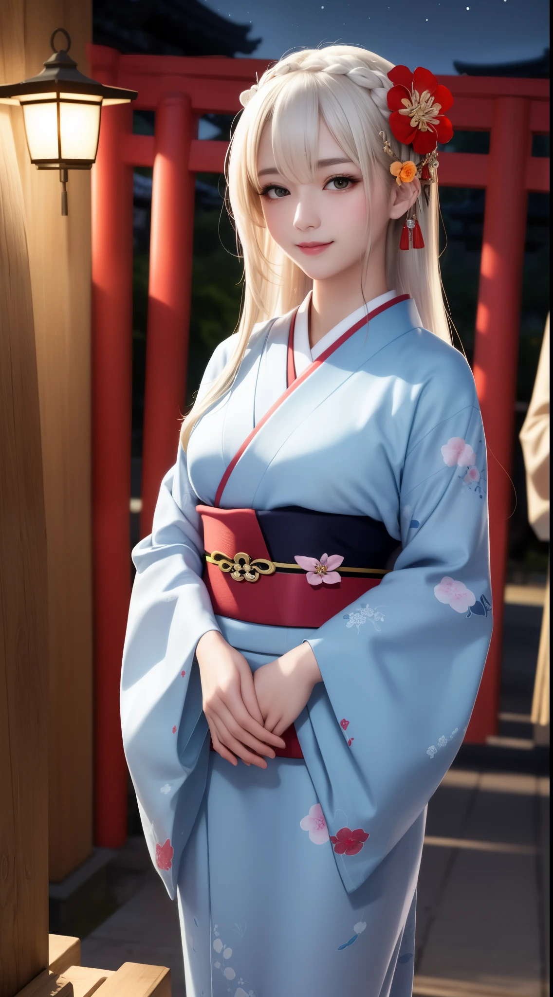 ((((best quality))), (((ultra detailed))), (((masterpiece))), illustration, warm lighting, bright colors, 8K wallpaper, 1girl, solo, heterochromia, blue eye, pink eye, flower, hair flower, hair accessory, flower accessory, hair between eyes, hair ornament, white hair, very long hair, belt, (expressionless), beautiful detailed sky, moon, night time, kimono, old Shinto shrine in the background, Japan, praying, hands hidden under clothes,shiny skin, photo background, smile,