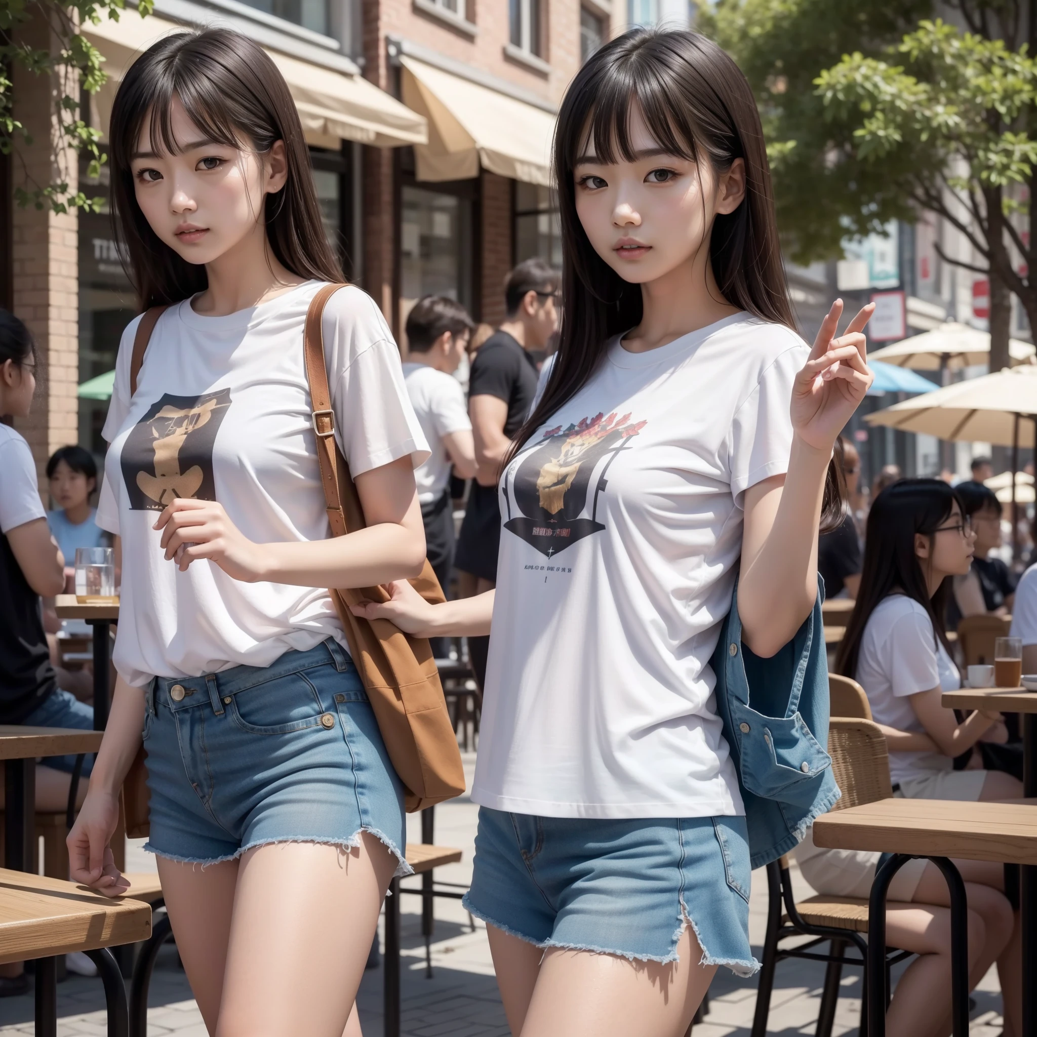 8K, tmasterpiece, Best quality at best, realisticlying, ultra - detailed, 1 girl, realisticlying的皮肤纹理, large, Gaze at the viewer, , Loose half-cut T-shirt,, Below, Below, Miniature miniskirt, , 电影灯光, Face focus, Fine Eye, 详细的脸, Well-lit face, rays of sunshine, Outdoor cafe in the background, low angle shot, look from down,It can be seen that he stretched his hand into his in comfort,and display the clear texture to the screen