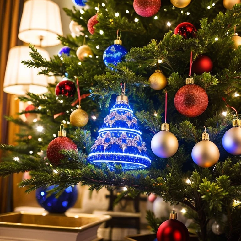 Christmas tree blue lights hotel a gorgeous dazzling ornate flower bouquet A church can be seen nearby