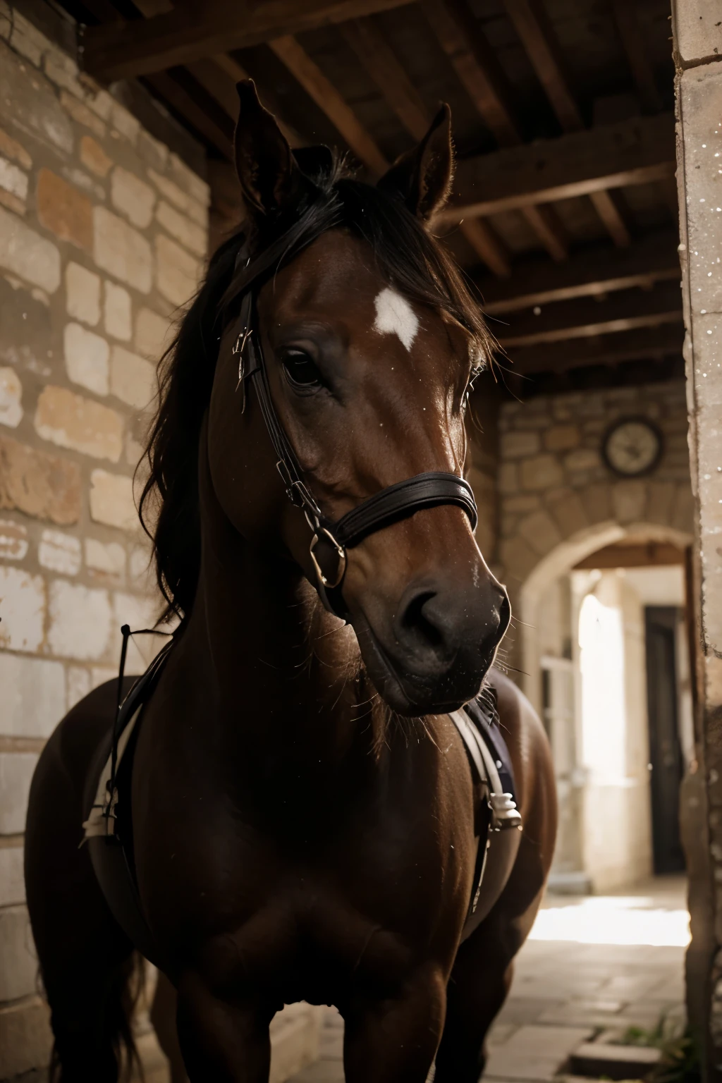 Cheval bai avec criniere noire, 1m80