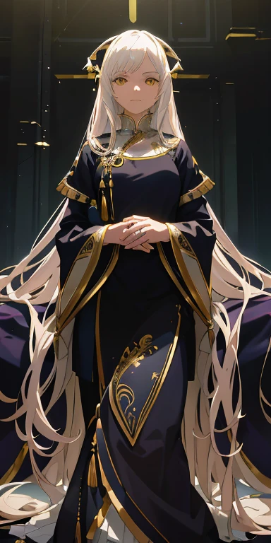 (Masterpiece:1.2), best quality, (illustration:1.2), (ultra-detailed), hyper details, (delicate detailed), (intricate details), (cinematic light, best quality Backlights), clear line, from below, soloist, perfect body, (1girl), white hair and yellow eyes, (emperor, black see-through clothes), (crown: 1.1), sitting on the throne, eyes slightly closed, head down, (shy: 1.2 ), (makeup), high contrast, (best illumination, an extremely create and beautiful), (cinematic light), colorful,