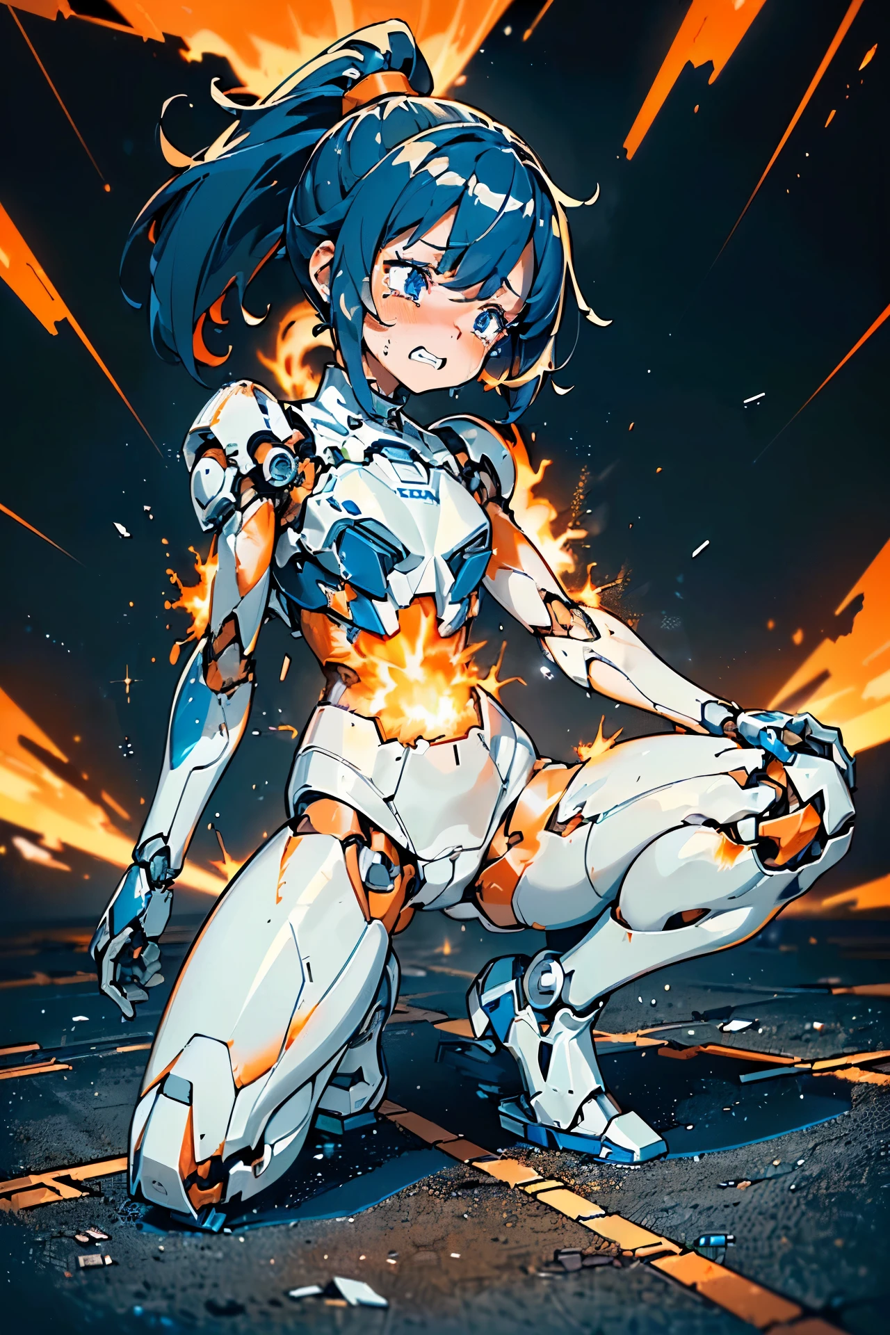 (((masterpiece))), Girl Robot, (loli:1.4), (Gamine:1.5), (Streamlined body based on pure white1.4), White and navy blue pilot suit, White and navy blue tight-fitting clothing, White and navy blue thigh cover pants, White and navy blue shoulder cover clothes, White and navy blue shiny clothes, Navy blue tight-fitting pants that hide the legs, (body destroyed to pieces:1.4), (There are many cracks and scratches on the body and thighs.:1.4), (Machines and cables visible through the gap in the body:1.4), (My body overheated and exploded.:1.4), (My overheated body exploded:1.4), (The overheated body spewed out a large amount of flame and exploded.:1.4), (本My body overheated and exploded.:1.2), (A completely broken body:1.5), (The torso exploded、A large amount of flame erupts from the cracks in the body and from the mouth.:1.4), (Mouth open:1.4), (Both eyes are closed:1.4), (Close both eyes:1.4), (Crying hard:1.4), (Dark blue hair ponytail:1.4), (on stomach:1.4), (Mechanical joints:1.4), (Machine body:1.4), (sleeping on the floor:1.4), mecha musume, Mechanical parts, Robot joints, Headgear