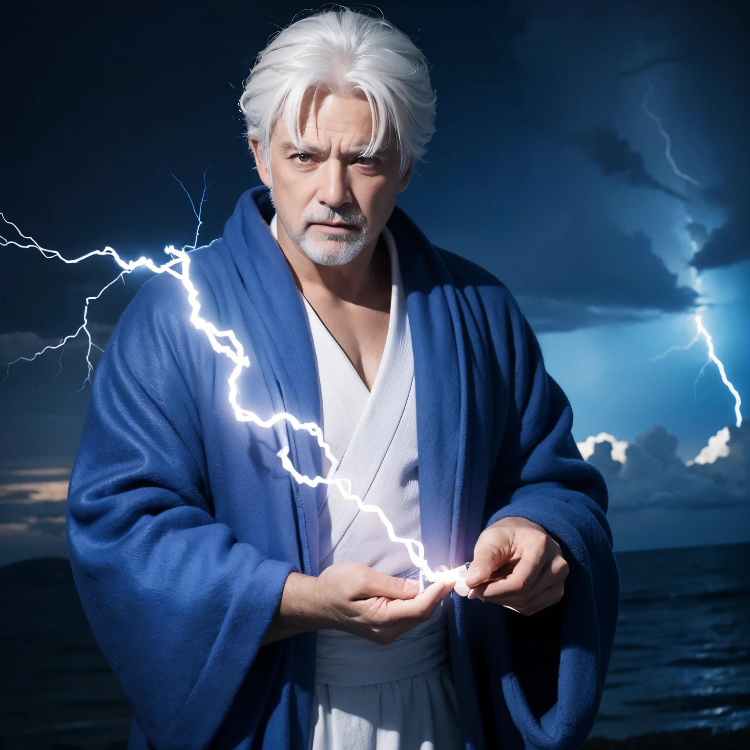 white-haired middle-aged man,Holding lightning in hand, Blue robe, strong