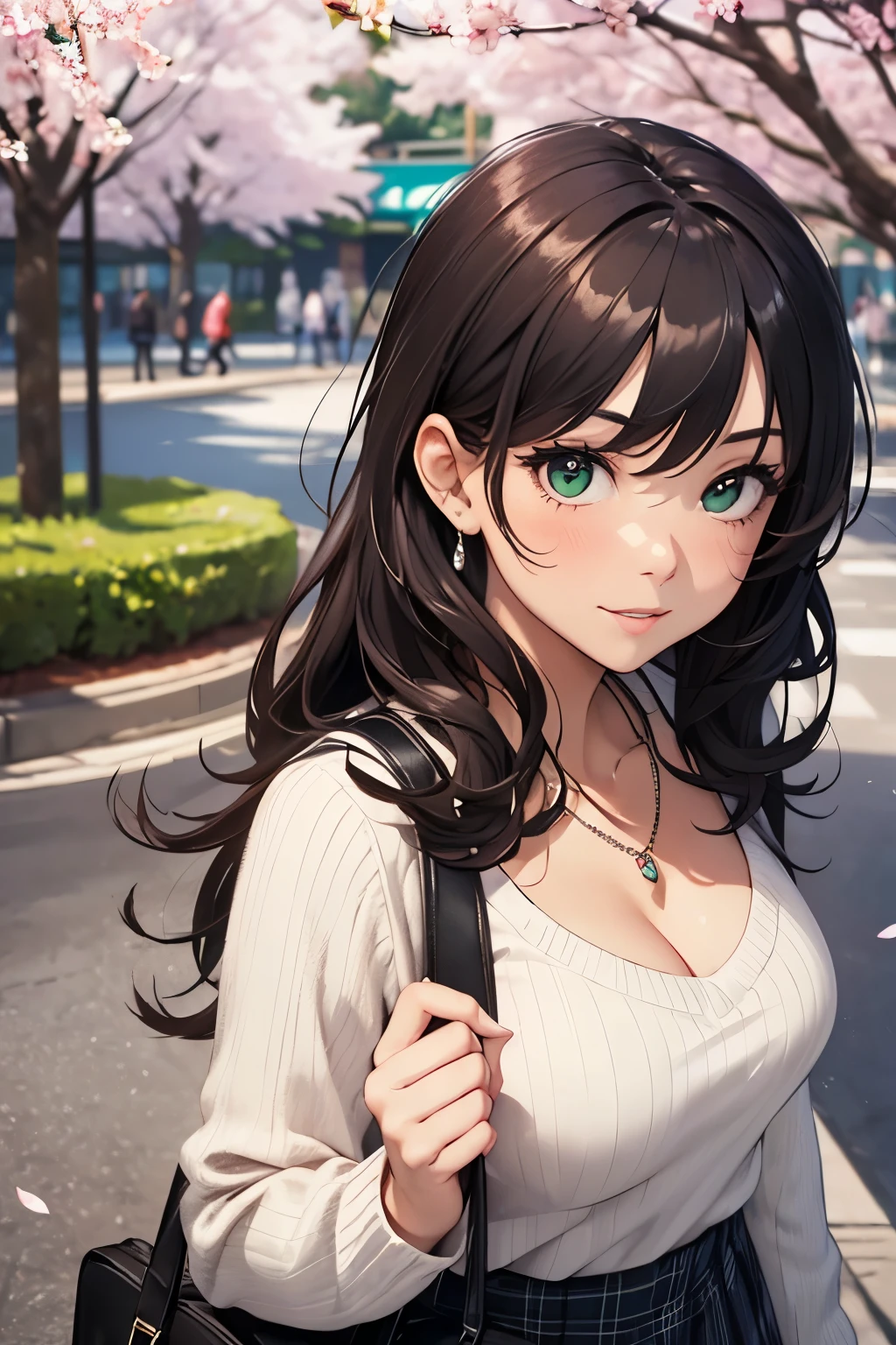 ((masutepiece, Best Quality, hight resolution, nffsw, Perfect Pixel, depth of fields, 4K, nffsw, nffsw))), 1girl in, Single, Solo, Beautiful anime girl, Beautiful Art Style, Anime Character, ((Long hair, Bangs, Brown hair)), ((Green eyes:1.4, rounded eyes, Beautiful eyelashes, Realistic eyes)), ((Detailed face, Blushing:1.2)), ((Smooth texture:0.75, Realistic texture:0.65, Photorealistic:1.1, Anime CG style)), ((medium breasts, cleavage, busty)), Dynamic Angle, Perfect body, ((POV, Selfie Pose, Portrait)), ((White sweater, Long sleeve, Black skirt, plaid skirts, Fashionable, 1 handbag, 1 diamond necklace)), Smile, Open mouth, amusement park, ((The cherry tree, Cherry blossoms fall))