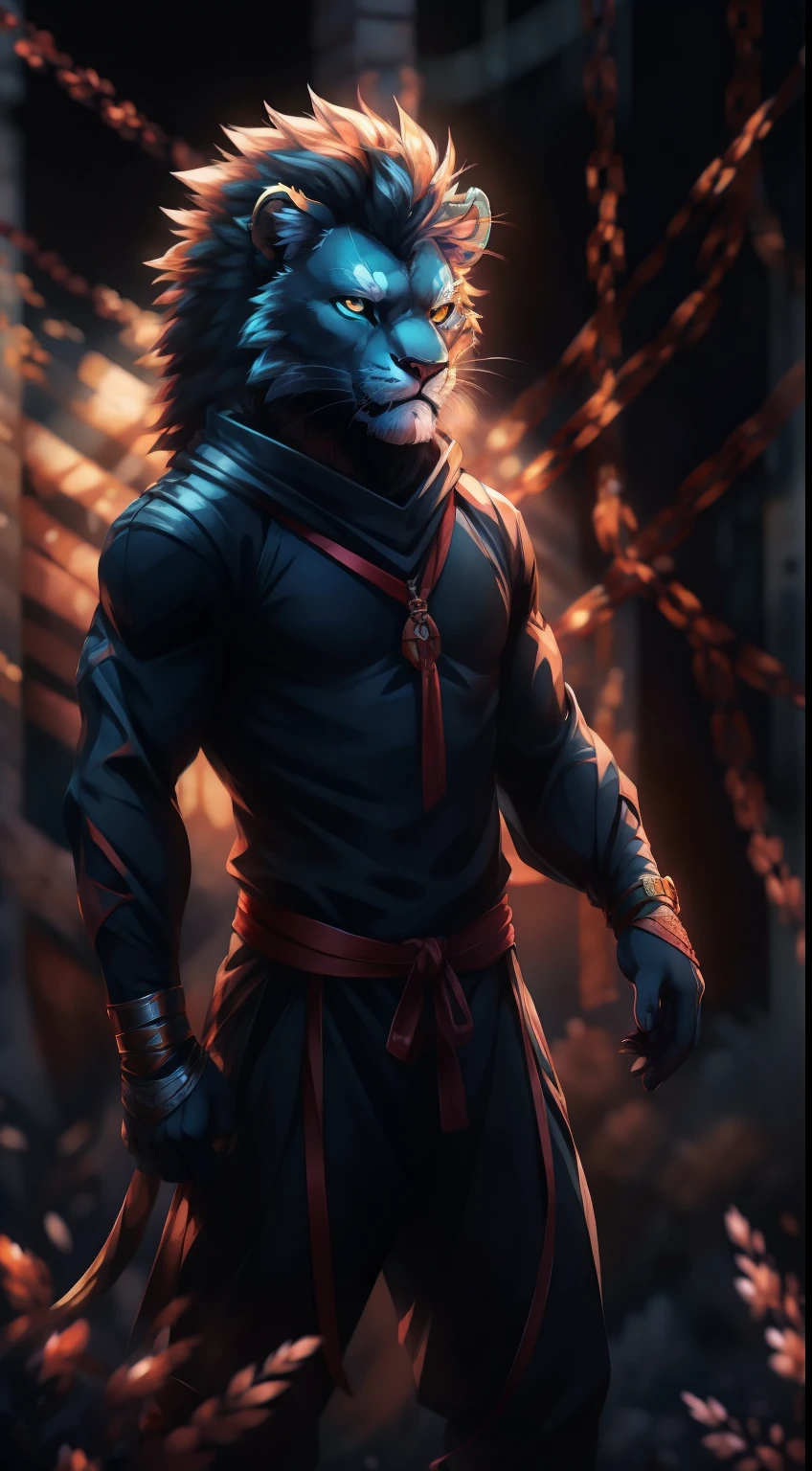 illustration, design of a ninja lion, black backround, shades of colors, dark vibes, central composition, half body, no legs, no torso, 
high quality, detailed