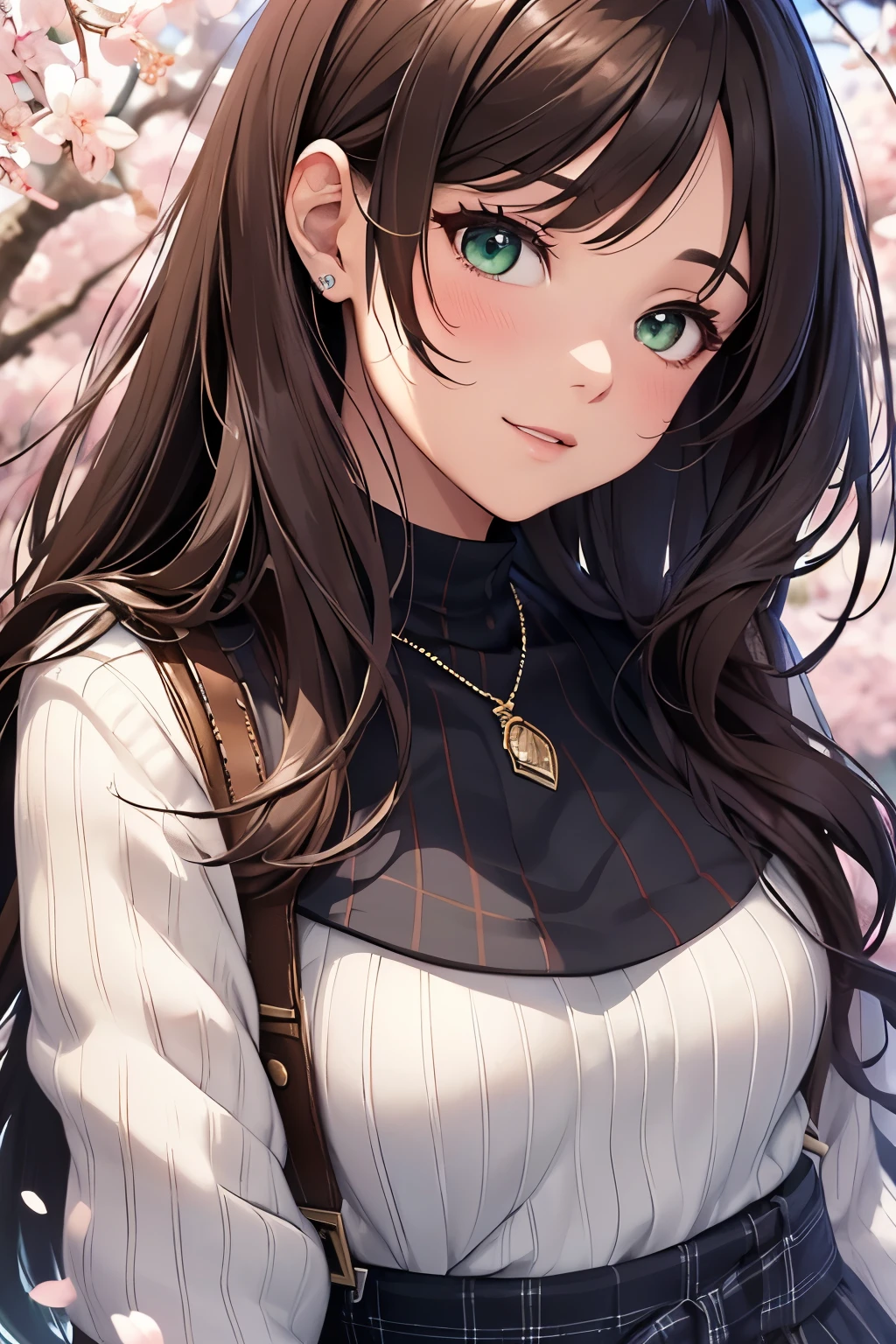((masutepiece, Best Quality, hight resolution, nffsw, Perfect Pixel, depth of fields, 4K, nffsw, nffsw))), 1girl in, Single, Solo, Beautiful anime girl, Beautiful Art Style, Anime Character, ((Long hair, Bangs, Brown hair)), ((Green eyes:1.4, rounded eyes, Beautiful eyelashes, Realistic eyes)), ((Detailed face, Blushing:1.2)), ((Smooth texture:0.75, Realistic texture:0.65, Photorealistic:1.1, Anime CG style)), ((medium breasts, cleavage, busty)), Dynamic Angle, Perfect body, ((POV, Selfie Pose, Portrait)), ((White sweater, Long sleeve, Black skirt, plaid skirts, Fashionable, 1 handbag, 1 diamond necklace)), Smile, Open mouth, amusement park, ((The cherry tree, Cherry blossoms fall))