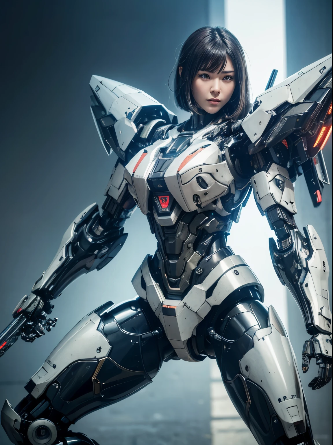 Textured skin, Super Detail, high details, High quality, Best Quality, hight resolution, 1080p, hard disk, Beautiful,(War Machine),beautiful cyborg woman,Mecha Cyborg Girl,Battle Mode,Girl with a Mecha Body,She wears a futuristic war machine weapon mech,Fulll body Shot