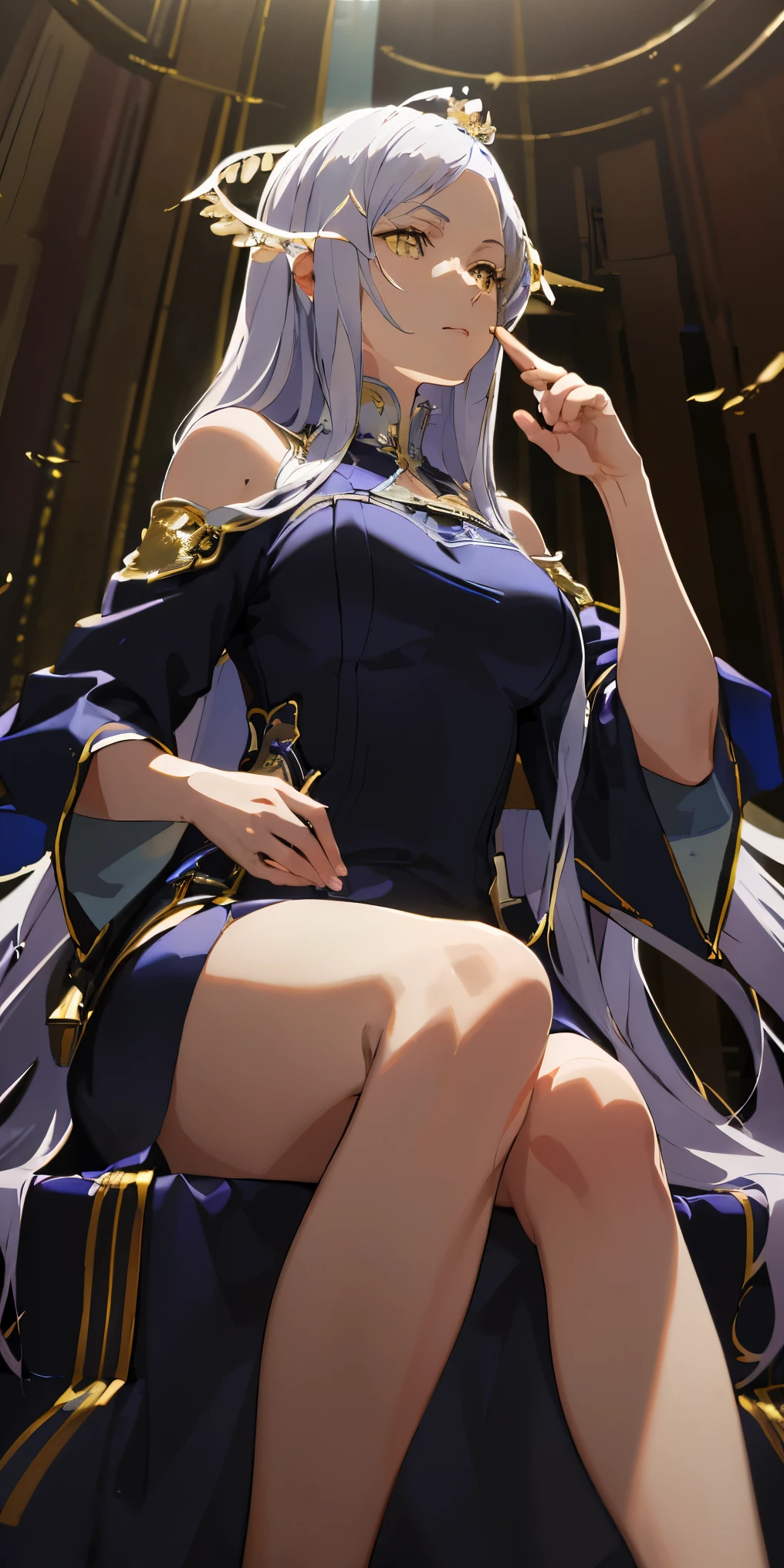 (Masterpiece:1.2), best quality, (illustration:1.2), (ultra-detailed), hyper details, (delicate detailed), (intricate details), (cinematic light, best quality Backlights), clear line, from below, soloist, perfect body, (1girl), white hair and yellow eyes, (emperor, black see-through clothes), (crown: 1.1), sitting on the throne, eyes slightly closed, head down, (shy: 1.2 ), (makeup), high contrast, (best illumination, an extremely create and beautiful), (cinematic light), colorful, Quinella, SAO. Face portrait' 1.2