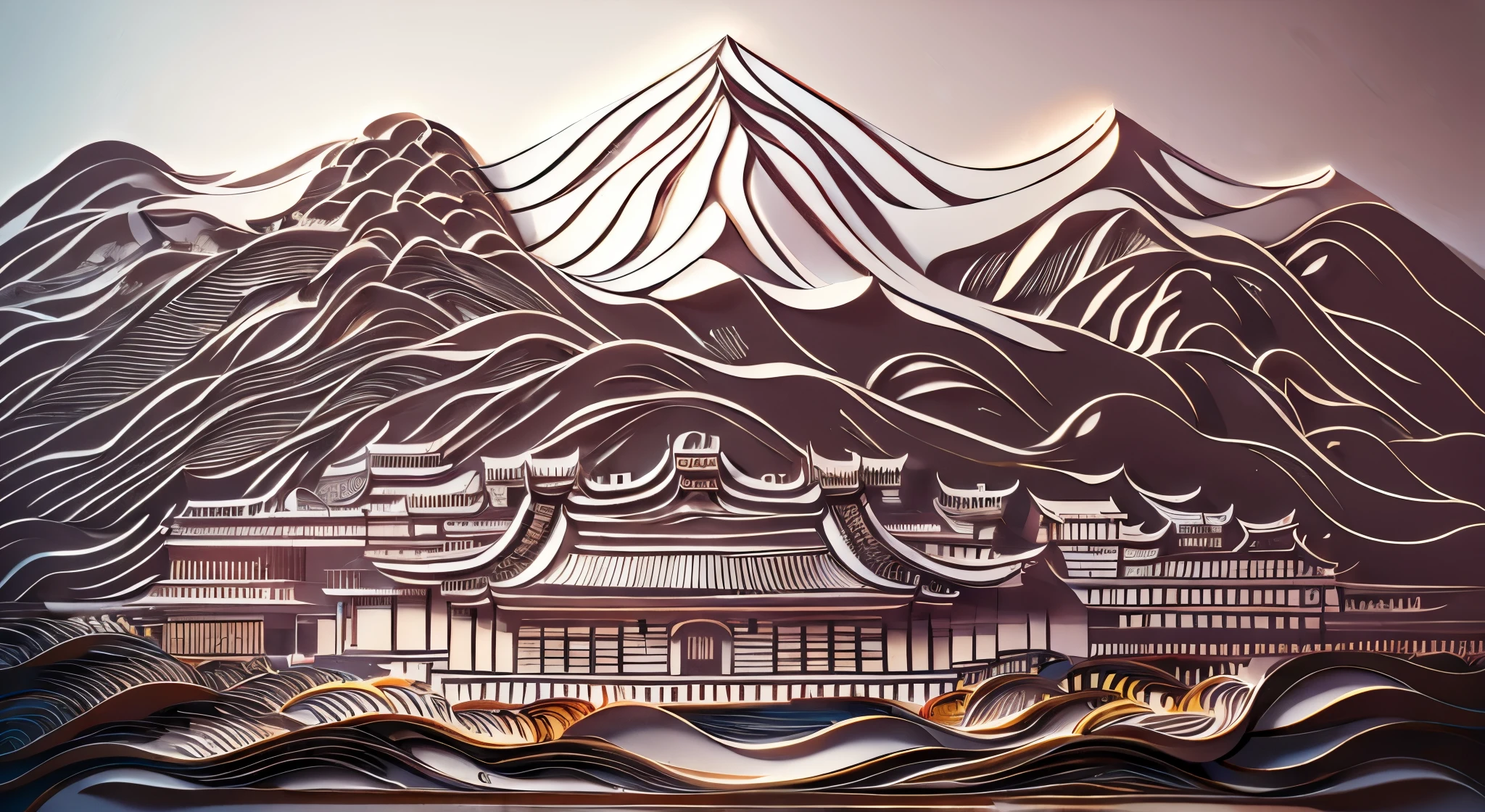 Complex illustration in clip art style，The Great Wall of China，Render in 3D，And draw inspiration from postmodern art, As a play by the Guggenheim,Best quality at best，realistically，realistically，ultra - detailed，It has very detailed carvings ,