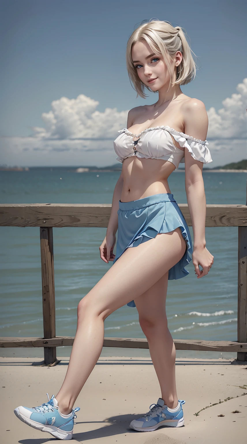 24-year-old Caucasian woman、hair is platinum blonde、Eye color is blue、Medium hair、Slender but well-proportioned muscular man、She is wearing an off-shoulder top with frilly frills.、She is wearing a low-rise pleated skirt.、wearing sports shoes、I&#39;m at the seaside park in town、a smile