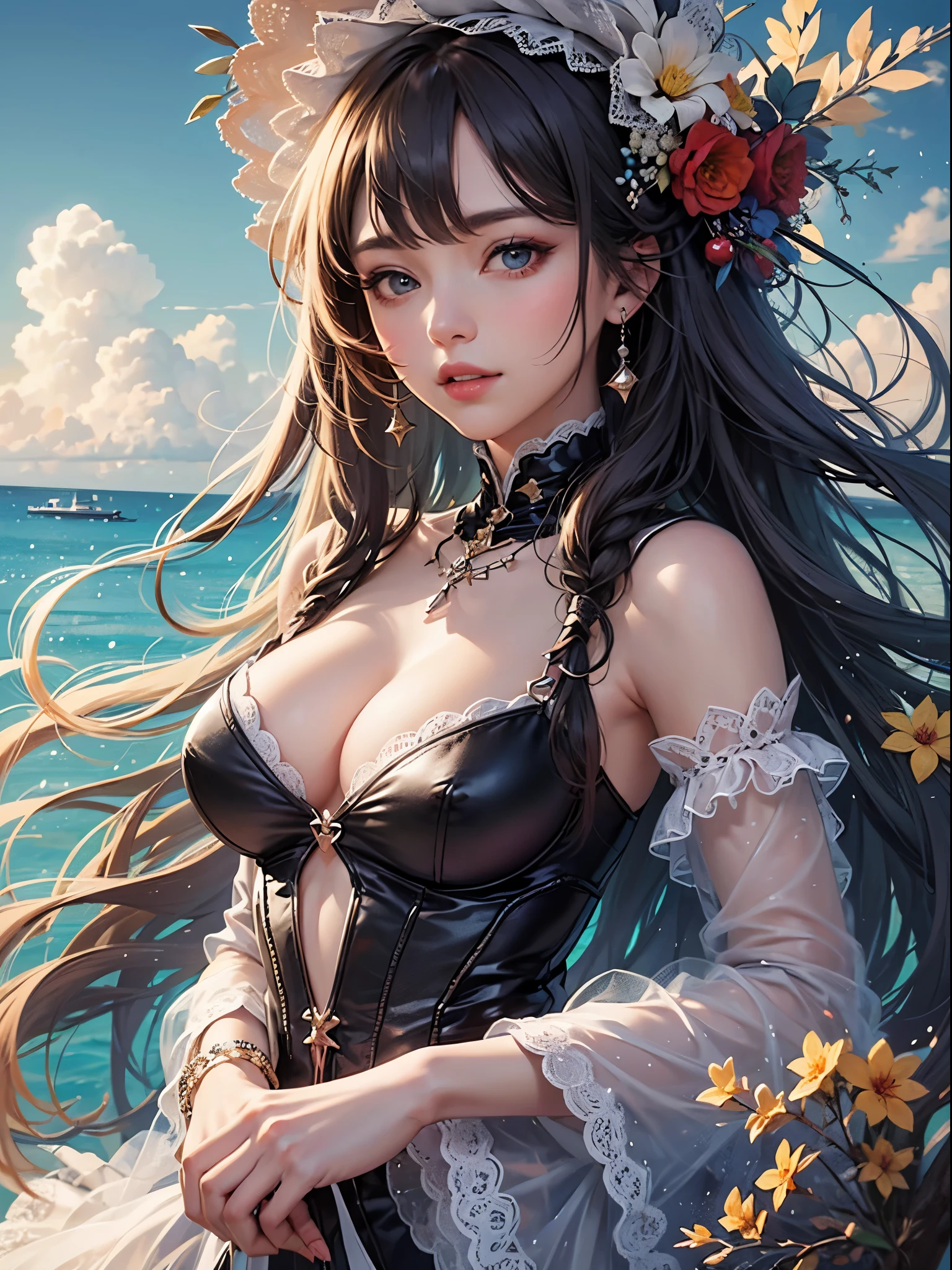 art, Unity 8k壁纸, Ultra-detailed, Beautiful and aesthetically pleasing, (s fractal art: 1.3),  flower, girls, (Hairstyles: Long hair) Ocean, Extremely detailed, Cowboy shot, The most beautiful, Seafoam, Buble, cute big breasts, ultra quality, random background, random dress, --auto --s2