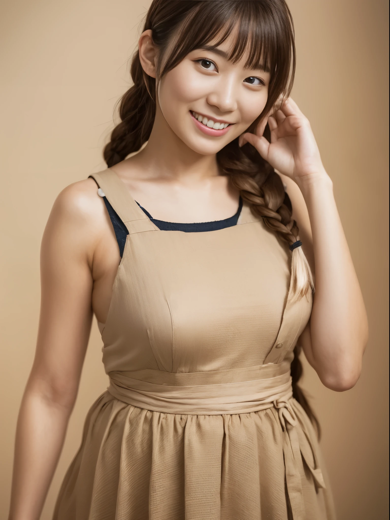 Highly detailed CG Unity 8k wallpaper, With the highest quality, super detailed, master piece, Realistic, photos realistic, extremely detailed cute girl, 25 years old , (Cute Maid Costume ), Smile , Round eyes, Large breasts , looking viewer, Half body shot , tatami mat , (Brewing tea) , braid