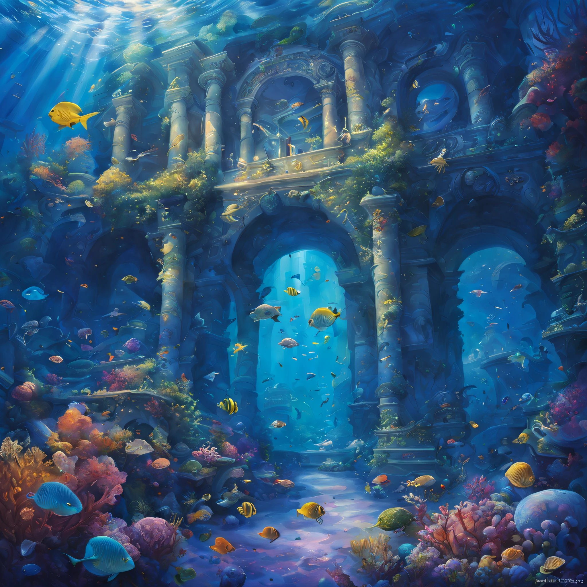 oil painted,the ocean,Under water,magia,mistic,(Ancient city ruins surrounded by seaweed),Beautiful coral reef with aquatic plants,Colorful fish swim around,Nipples clearly visible,Ethereal atmosphere,Mermaid marble statue、Whispering Shell、Glowing jellyfish、ancient symbols and texts、惊人的美丽和古老的magia,Uncover the mysteries of the underwater world