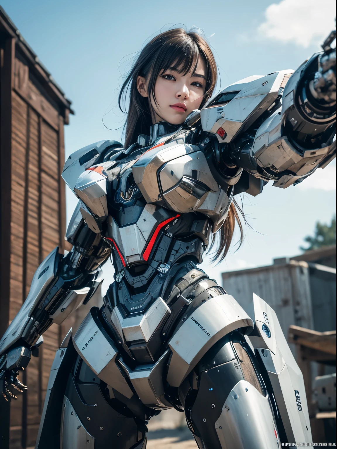 Textured skin, Super Detail, high details, High quality, Best Quality, hight resolution, 1080p, hard disk, Beautiful,(War Machine),beautiful cyborg woman,Mecha Cyborg Girl,Battle Mode,Girl with a Mecha Body,She wears a futuristic war machine weapon mech,Fulll body Shot